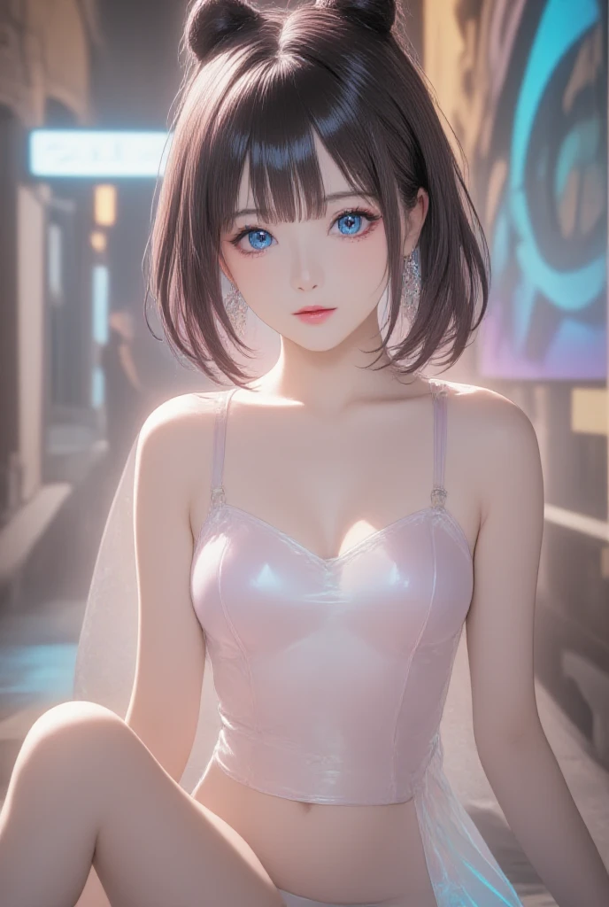 (8K, Top quality, Masterpiece: 1.2), (Realistic, Photorealistic: 1.37), Super detailed, Girl 1 person, 17 years old, Solo, Medium breasts, Beautiful detailed sky, Detailed café, Night, (Blush), (Smile: 1.15), (Closed mouth), small, (Shirt with collar: 1.1), Night, Wet, office clothes, rain, White lace, (Short hair: 1.2), Floating hair NovaFrogStyle, Random sexy pose,