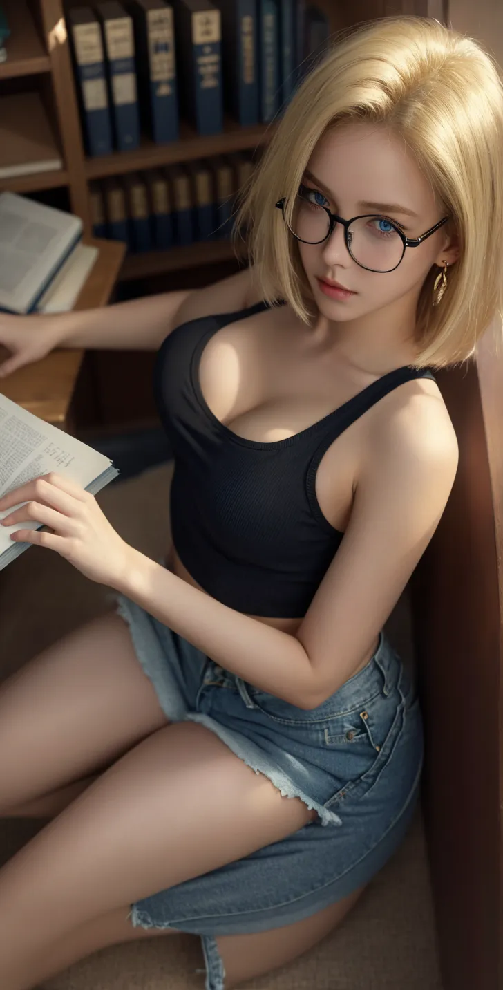 Blonde girl、Blue sky seen from a large window、
Highest quality、Black Dress、Glasses