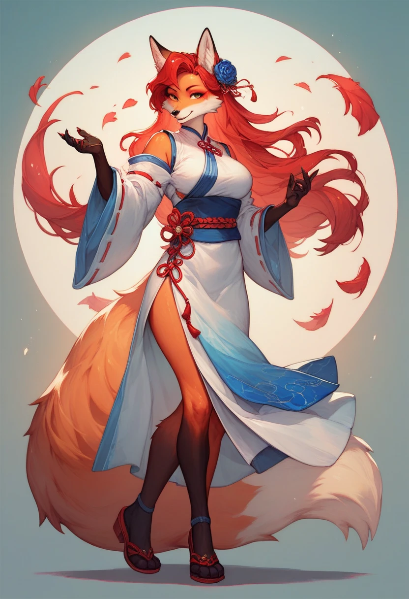 With delicately pointed fox-like ears atop her head and nine voluminous, fluffy tails cascading behind her, the enchanting figure before us embodies a mystical and ethereal beauty. This stunning portrayal, whether in a painting, photograph, or digital art, captures every nuance of her otherworldly allure. The vibrant colors of her fur, a mesmerizing blend of fiery oranges and soft creams, seem to shimmer and dance in the light, highlighting the intricate details of each tail and ear. The image is so exquisitely rendered that one can almost feel the softness of her fur and hear the gentle rustling of her tails as she moves. It is a masterful work of art that immerses viewers in a world of fantasy and wonder. and make her more sexy by giving her very big and ass give her a h cup chest. and a small beauty spot on her right breast. anime-style Japanese hair, shiny crimson hair, Her dress has a beautiful shimmering pulsating gold pattern that gives it an extraordinary look, golden butterflies fly next to the heroine, with their ethereal Japanese beauty (23 years old). A single lock of hair accentuates her delicate features, and she is adorned with sparkling gems. Her expressive eyes shine with emotion, and her fair skin complements her slender figure. This stunning character comes to life through digital painting. milky white skin and sky blue and mint green eyes. her eyes are bright and shiny. her frock reaches her ankle. give her a night time background walking among Sakura tress with golden butterflies fly next to the Girl. her nine-tails flow beautifully behind her clearly visible and she is wearing a nice Japanese style sandals. has a big firm ass wearing white stockings with golden design on them her kimono reaches to the ankle and her nine-tails dance behind her in a otherworldly beauty of tails sakura tree petals and golden butterflies