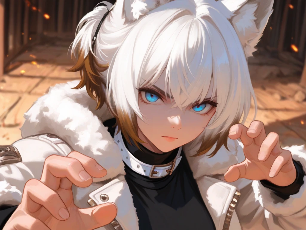 female, short white hair, straight hair, blue eyes, short, white furry forearms, furry claws, white cat ears, white cat tail, slit pupils, small breasts, short, one paw up,  clothes, medieval, athletic,  midriff, cheeky smile, close up, tattered clothes, red mascara, cute wink, action pose, sitting on tree
