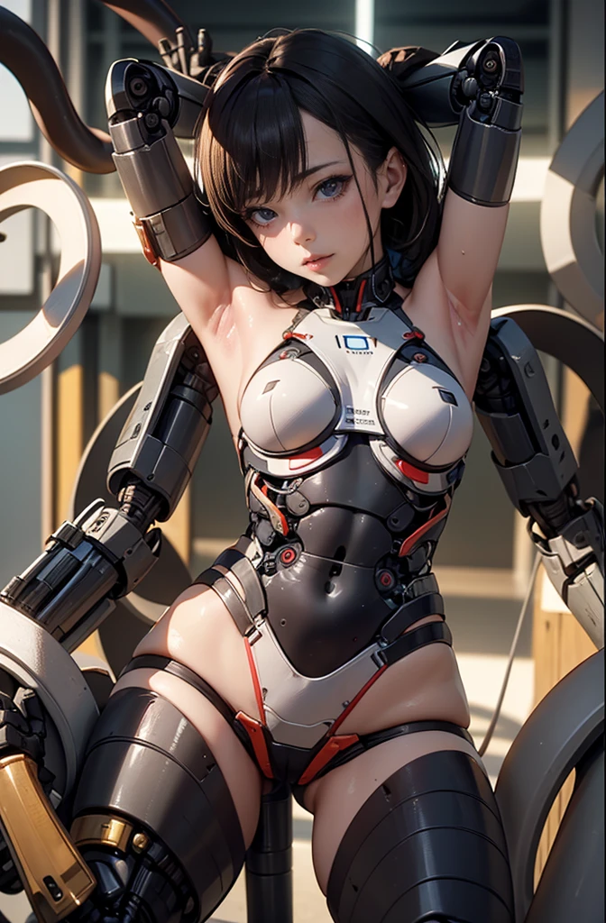 (((HD photo))), ultra high res.photorealistic:. 1.4, UHD, masterpiece, trending on artstation, full body, 1girl, pretty, cute face, most beautiful in the world, soft, delicate, (very short hair, blonde:1.3), cute breasts , (wearing vivid red tactical detailed suit with bikini type, future mechanical tactical suit ), woman soldier:1.4, ((aiming with the gun:1.1), desert city background,