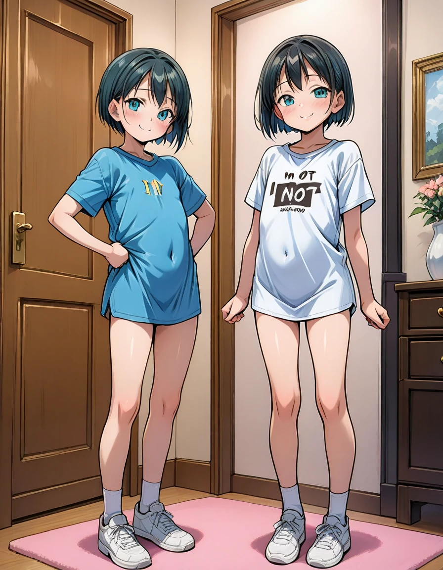 In underwear,Yukimi, 10 years old., Blunt bangs,Shortcuts,Black Hair,,Flat Chest, Expressionless, shy, whole body, Highest quality, School classroom、Angle from below、stand、Sports Bra,(Children's panties:1.4)、Embarrassing,Put your hands behind your back