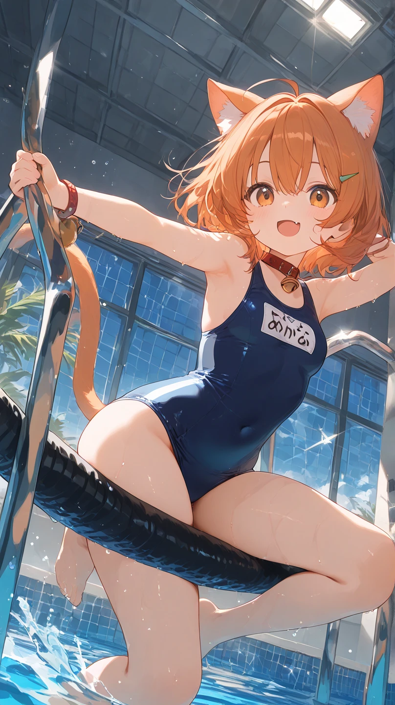 1girl, solamente, Misaka Mikoto, pelo corto, brown hair, brown eyes, orejas falsas animal, Orejas de gato, sonrojarse, bikini, bragas, swimming suit, de pie, bragas, inclinado adelante, orejas de gato negras, cuerpo completo, de pie frenta a un fondo de arena