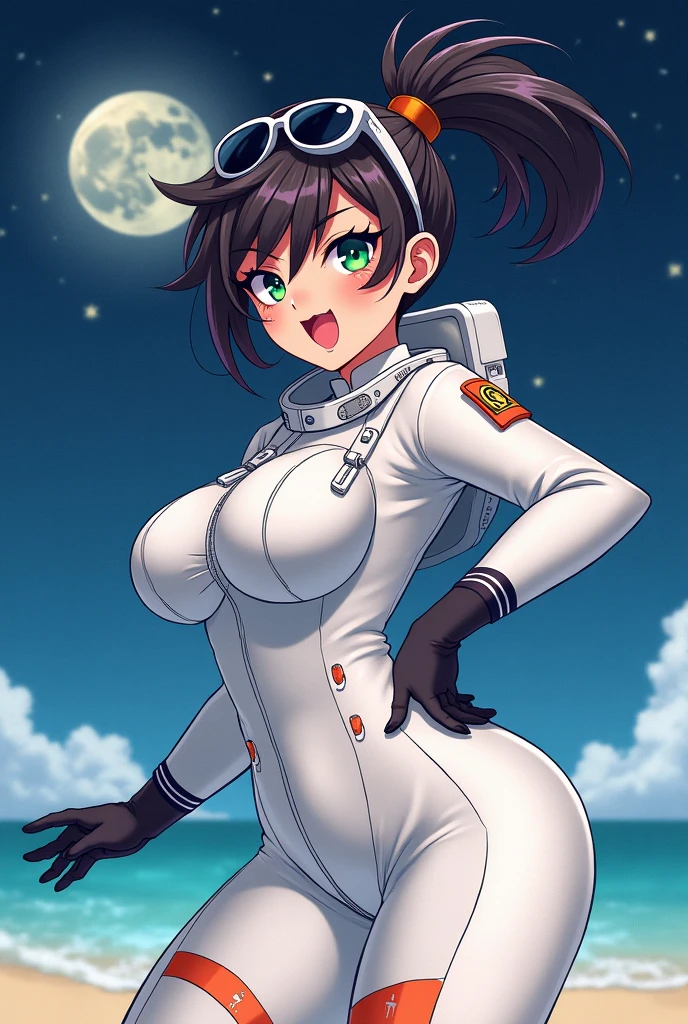 highest quality、High resolution、detailed background、cute hairstyle、sexual uniform、sexy uniform、underboob、underboobが見える、underboobを強調する、emphasize big breasts、sexual expression、camel toe、not wearing underwear、squat down、look at me、glare
