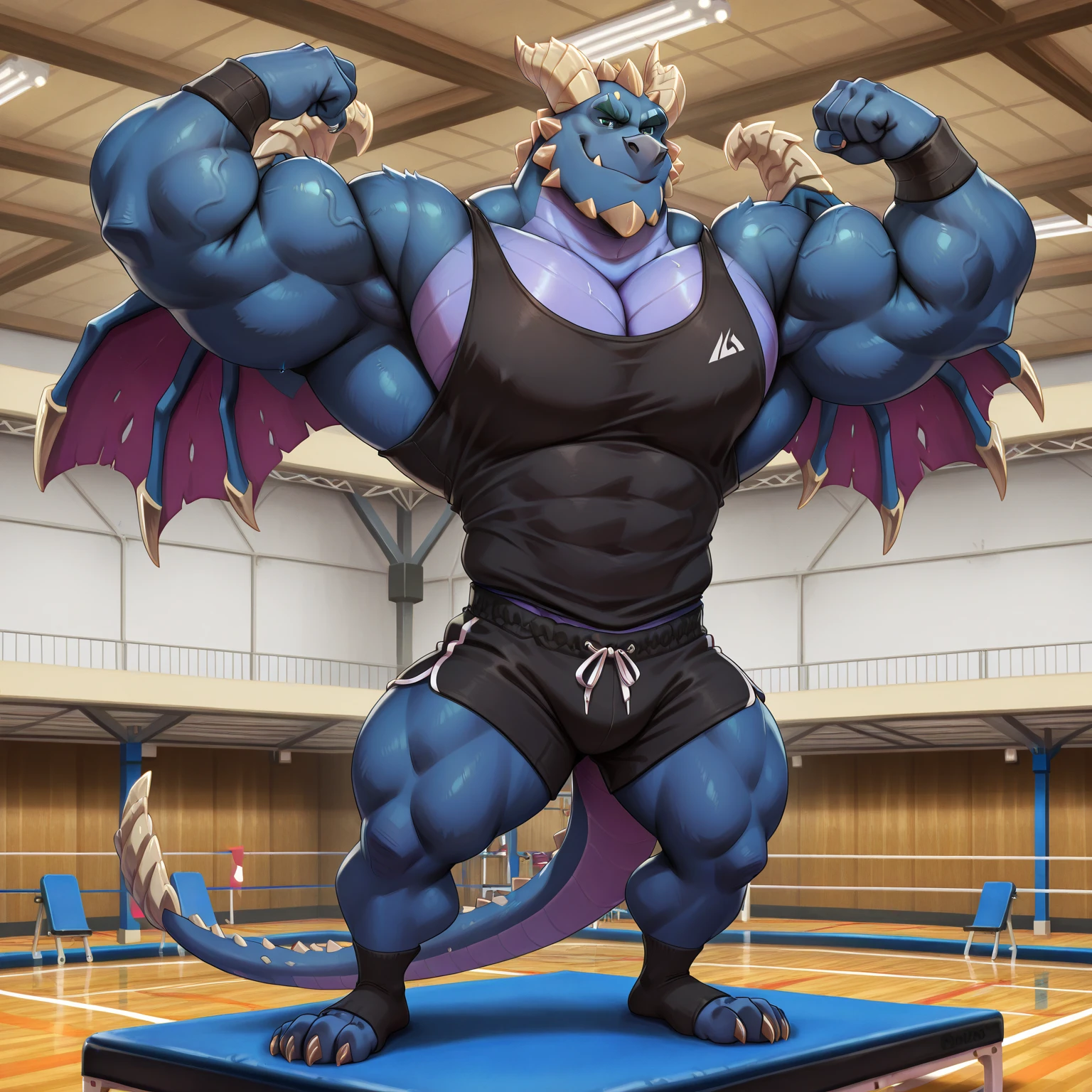 human nature, cannon, male, solitary, ((the strong,Handsome)), (dragon), Chibo,Six-pack abs,(indoor),Feet facing the audience,(Dirty,White socks),Blue shorts,Sweat:1.3,high quality, (4K,high quality, high resolution, masterpiece), cartoon,by lindong