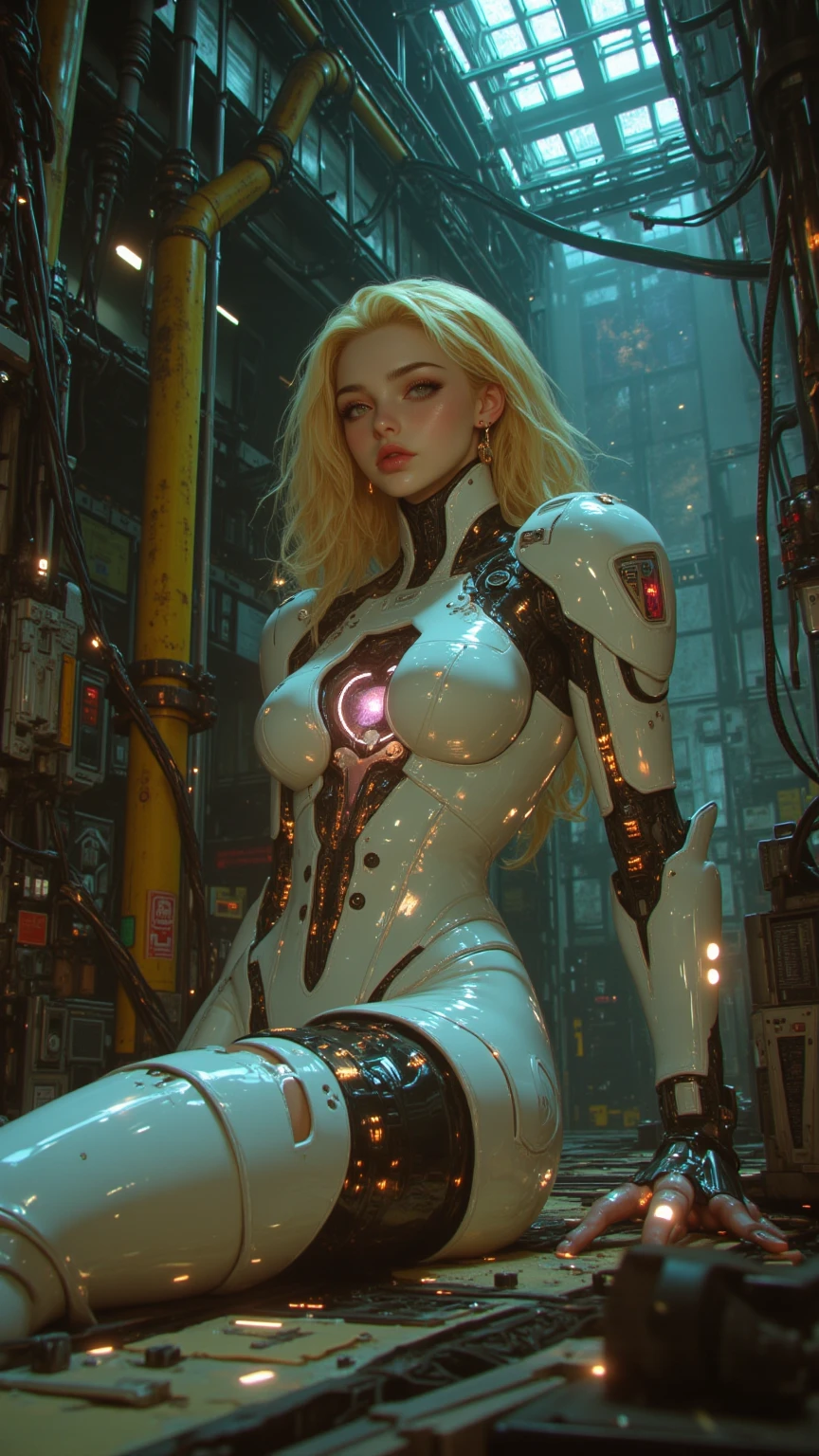  translucent white glowing glass red body de frente de pé olhando pra frente ,joelho e coxa de ferro prateado, green showcasing the intricate clockwork mechanics and moedas gold intertwined within. The cyborg's hazel eyes capture the viewer's attention, while her black hair and wide hips exude an air of elegance. The futuristic cityscape serves as a backdrop, reflecting the pink glow emanating from the cyborg's body. The hyperdetailed ultrarealistic face and fluid movement create a sense of depth and realism. The image is a mesmerizing blend of fashion photography, 3D render, and portrait photography, capturing the beauty and complexity of this captivating character., 3d render, photo, portrait photography , body de frente de pé olhando pra frente ,joelho e coxa de ferro prateado, green showcasing the intricate clockwork mechanics and water gold intertwined within. The cyborg's hazel eyes capture the viewer's attention, while her amarelo yellow hair and wide hips exude an air of elegance. The futuristic cityscape serves as a backdrop, reflecting the ciano glow emanating from the cyborg's body. The hyperdetailed ultrarealistic face and fluid movement create a sense of depth and realism. The image is a mesmerizing blend of fashion photography, 3D render, and portrait photography, capturing the beauty and complexity of this captivating character., 3d render, photo, portrait photography