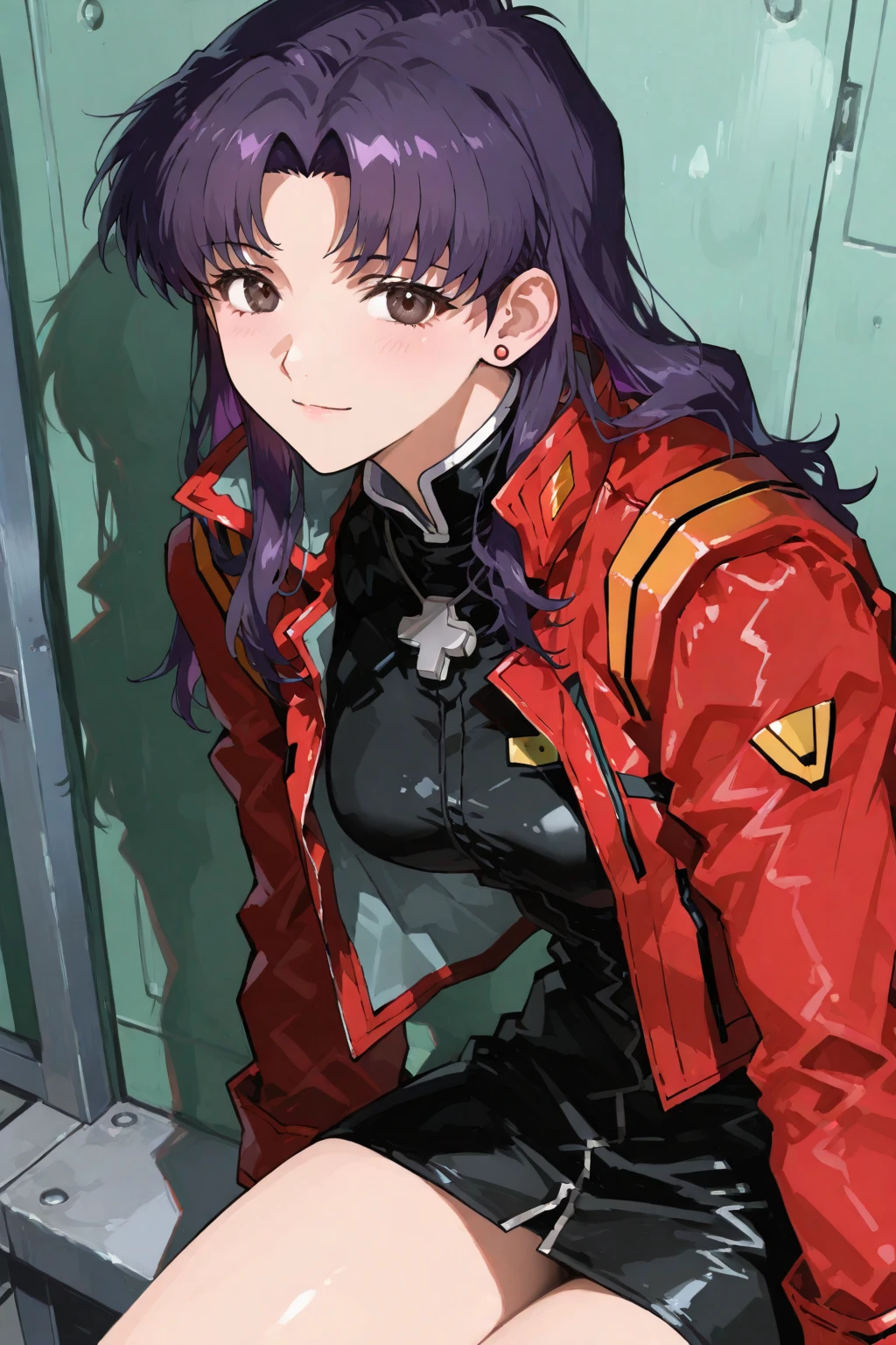 Masterpiece, Best Quality, Highly detailed, illustration, absurdres, street fighter, doll suit, shadaloo doll, nazi saluting, military, military saluting, salute, 1 girl, solo, expressionless, emotionless eyes, looking at viewer, red gloves, emotionless, black latex, corrution, zofa suit, zofa soldier, mind control, female combatant, full body, hypnotized, standing, standing at attention, unhappy trance, full body suit, belt, eagle emblem, ayase yue, negima, purple hair, purple eyes, long hair