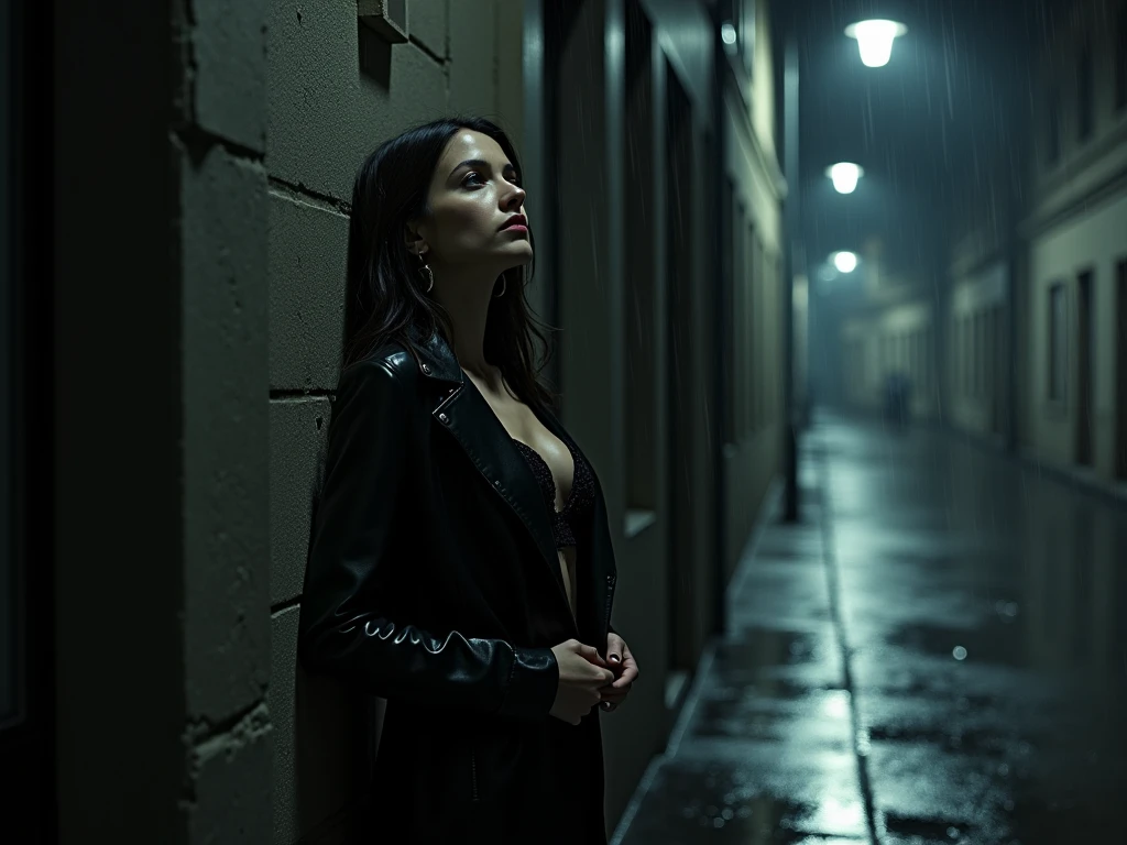 The protagonist of a film noir movie, in an anime aesthetic, with her long and wavy hair standing out in black and white with red details, as she walks through the dark and mysterious alleys of the city.    Estilo de Cine Negro / Film Noir style    Robbie Barrat --auto