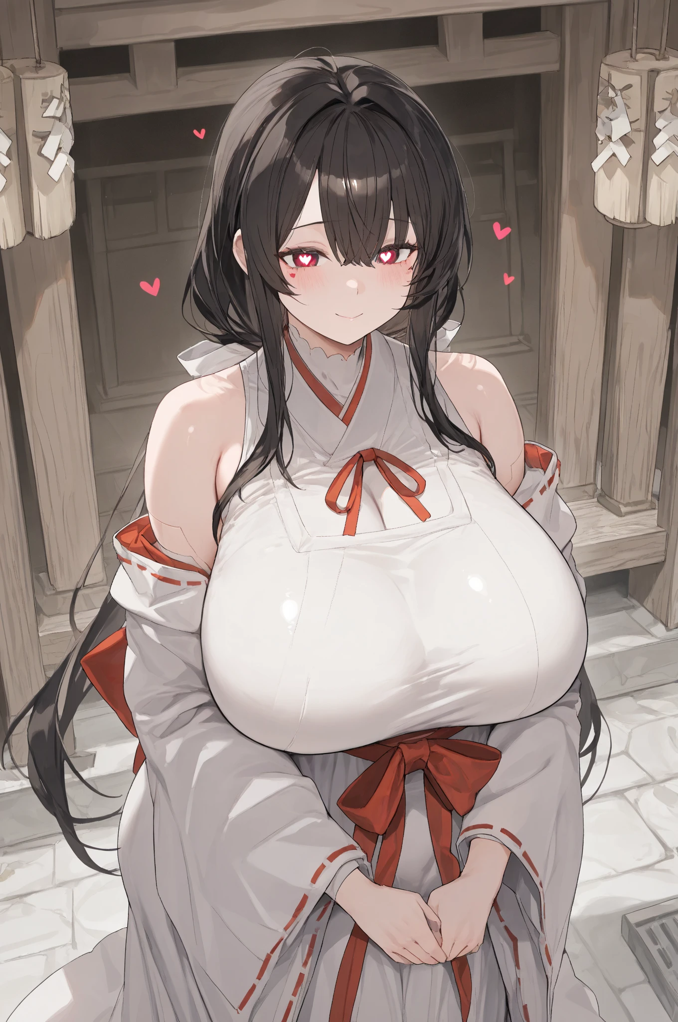 Girl in Japanese shrine maiden outfit, blown eyes, smile, Showing her breasts, Huge breasts, (Black Hair), Super Long Hair, hair ornament, ribbon,White kimono, Shoulder-exposing sleeves, open-chested costume, upper body, pov, paizuri,