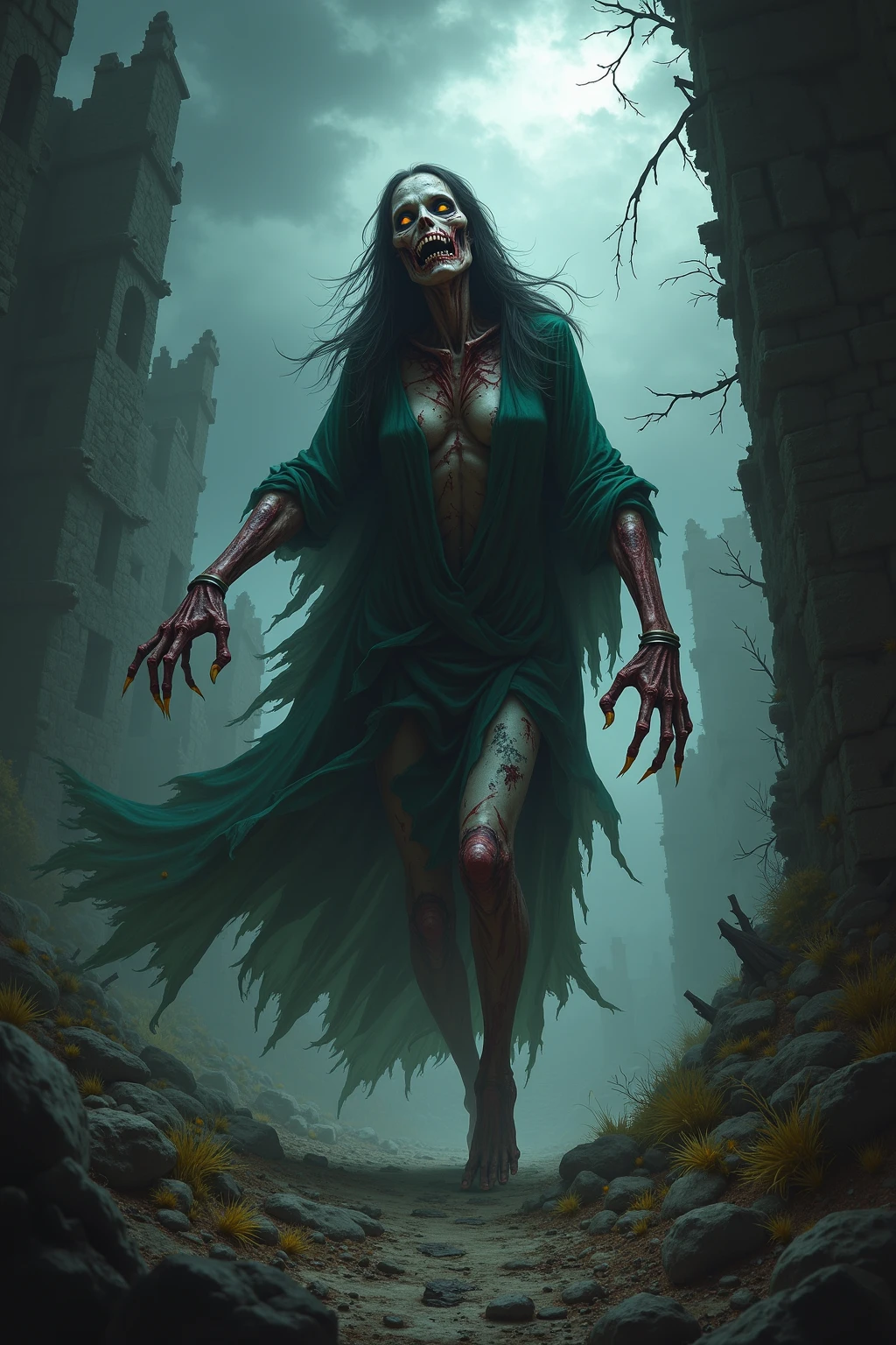 fantasy art 8k,masterpiece
pmmkr2024,best quality, trending on artstation,calm,quiet,Best quality,little evil kid girl controls all the zombies,red bright eyes zombies,apocalypse zombie,running zombies,nice detailed hands,nice detailed face,nice detailed body,perfect art, wearing black-and-red, mummy-like tattered robe adorned with zombie markings, face is obscured , (glowing green eyes), ((levitating)), high detail, sharp focus, dramatic, photorealistic painting art ,all people zombies,lurid,necromace,green aura,,full body,parasite,necromorph