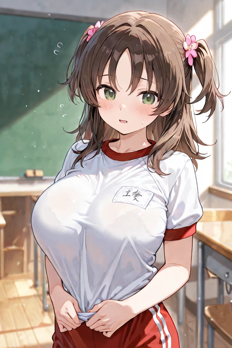 kurokoshirai, kuroko shirai, brown hair, long hair, (parted bangs:1.5), (brown eyes:1.7), Ringlet, twin tails, hair bow, bow, red bow, (super big breasts:1.6),、
break armband, black skirt, collared shirt, dress shirt, pleated skirt, safety pin, school uniform, shirt, short sleeve, skirt, summer clothes, sweater vest, tokiwadai , twin tails, white shirt, (brown sweater vest:1.5),
break looking at viewer,, whole body,
break indoors, classroom,
break (masterpiece:1.2), highest quality, High resolution, unity 8k wallpaper, (figure:0.8), (detailed and beautiful eyes:1.6), highly detailed face, perfect lighting, Very detailed CG, (perfect hands, perfect anatomy)、(skirtをめくる)、blush:1.5、A face that looks comfortable、Ahegao