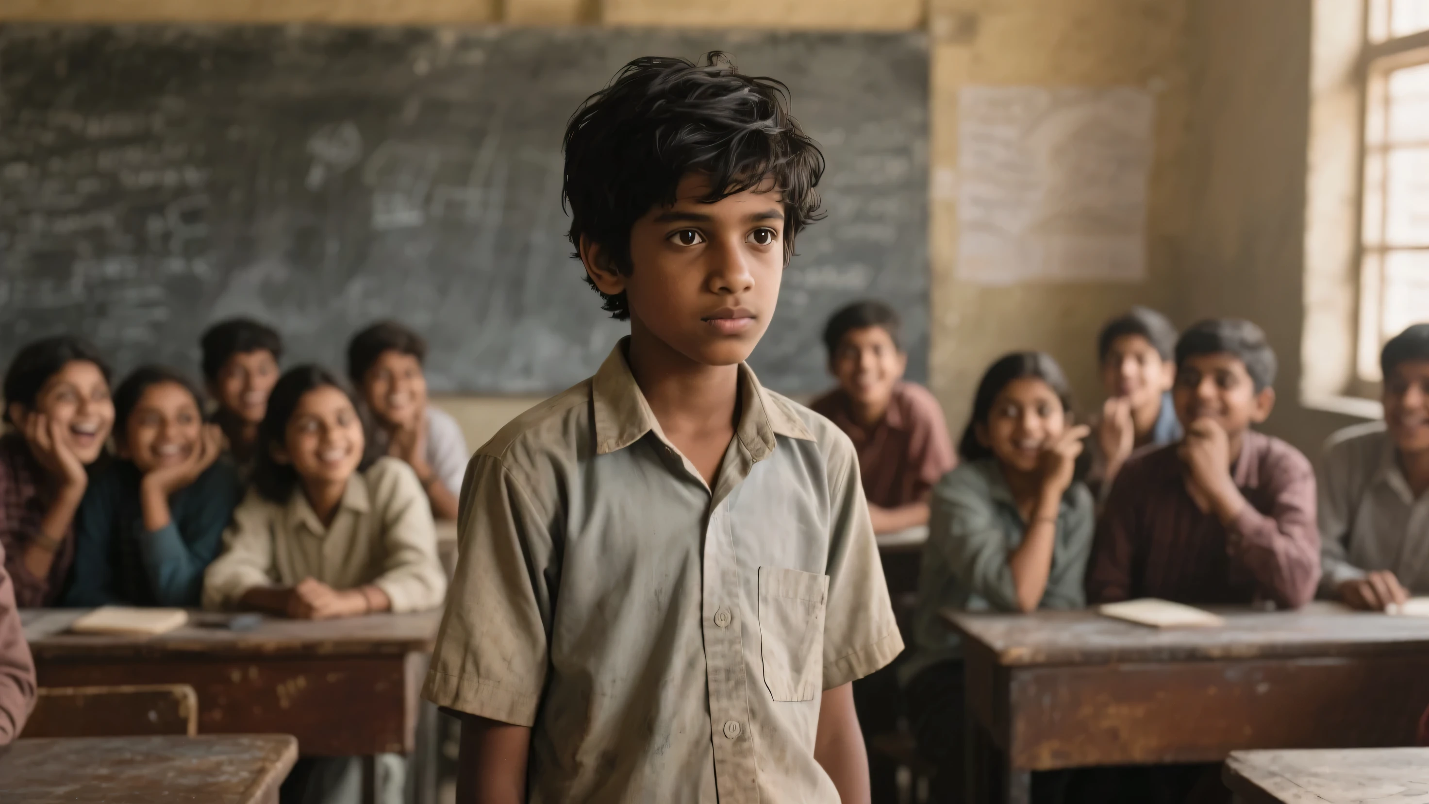 A poor 20 year old boy is sitting in the class room, looking forward, his hair is scattered, he is very sad, he is a student of India, the background is blurred
