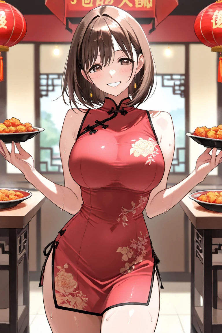 NSFW Cute Adult Female Cheongsam Chinatown Brown Hair Clothes Big Boobs Showing a lot of skin Blushing