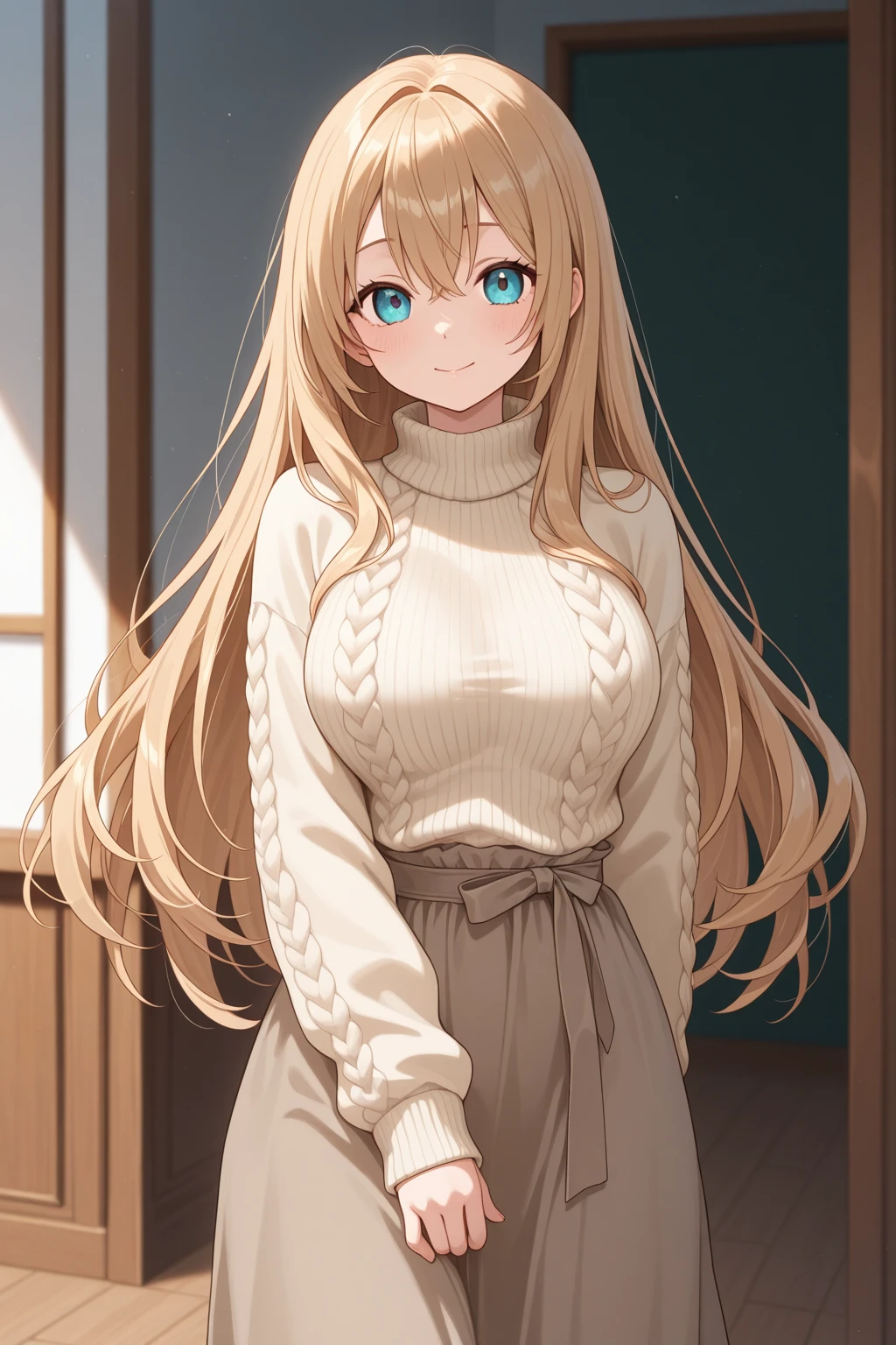 (High quality, High resolution, Fine details), BREAK Vertically striped white sweater, solo, curvy women, BREAK light brown hair, sparkling eyes, (Detailed eyes:1.2), smile, blush, Sweat, Oily skin, BREAK Black tights, Soft tones, shallow depth of field