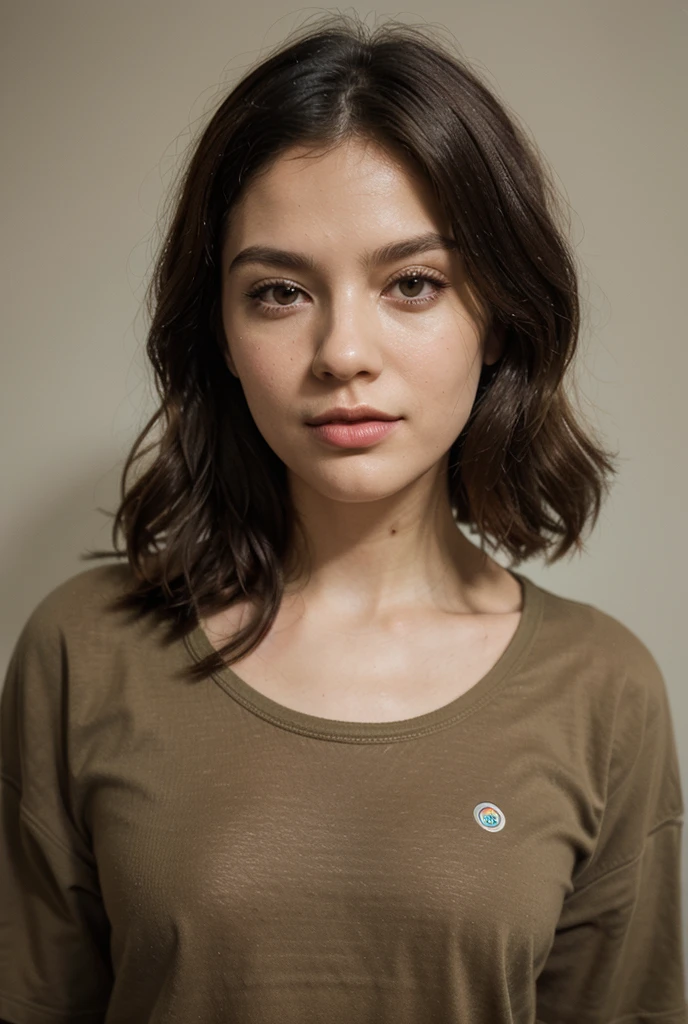 Girl about 15 years old, linda, round face, long and semi wavy hair, (italian woman: 1.3), clear skin, high cheekbones, beautiful blue eyes, big, deep neckline, dressed in pink tights and a green t-shirt.