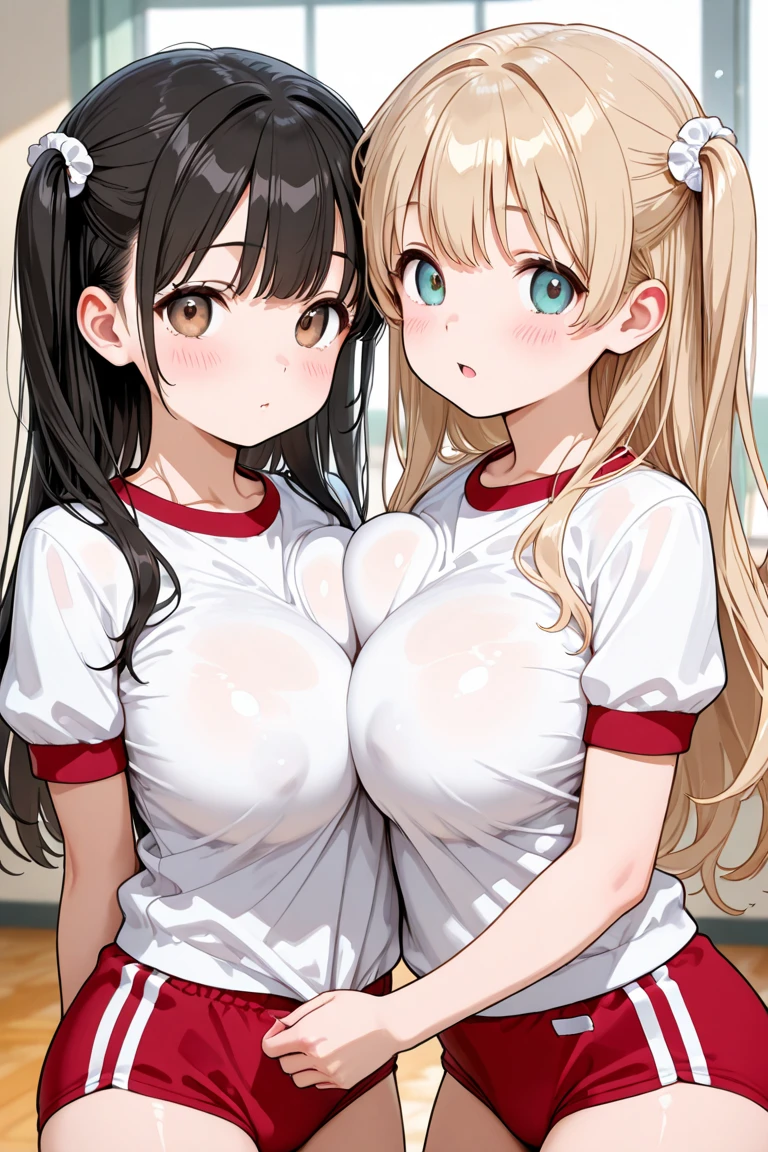 2girls, nishikigi chisato, inoue takina, lycoris recoil, couple, girls sandwich, perfect anatomy, (cooperative paizuri, nude, huge breasts:1.3), looking at viewer, shy, blush, bed, masterpiece, best quality, very aesthetic, absurdres, perfect anatomy, symmetry, official art, nsfw,