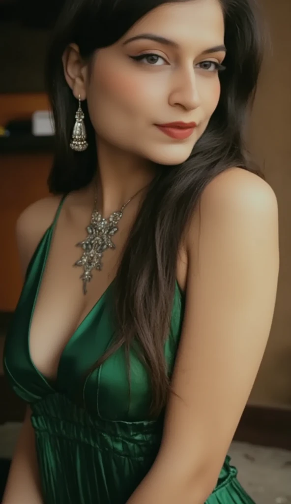 Lebanese woman, diamond dangling earrings, necklace, bracelets, small breasts, 40 years old, smokey eyes, cleavages, red lips, innocent face, green fashion ball gown, stylish hairstyle, posing, modeling, arms raised