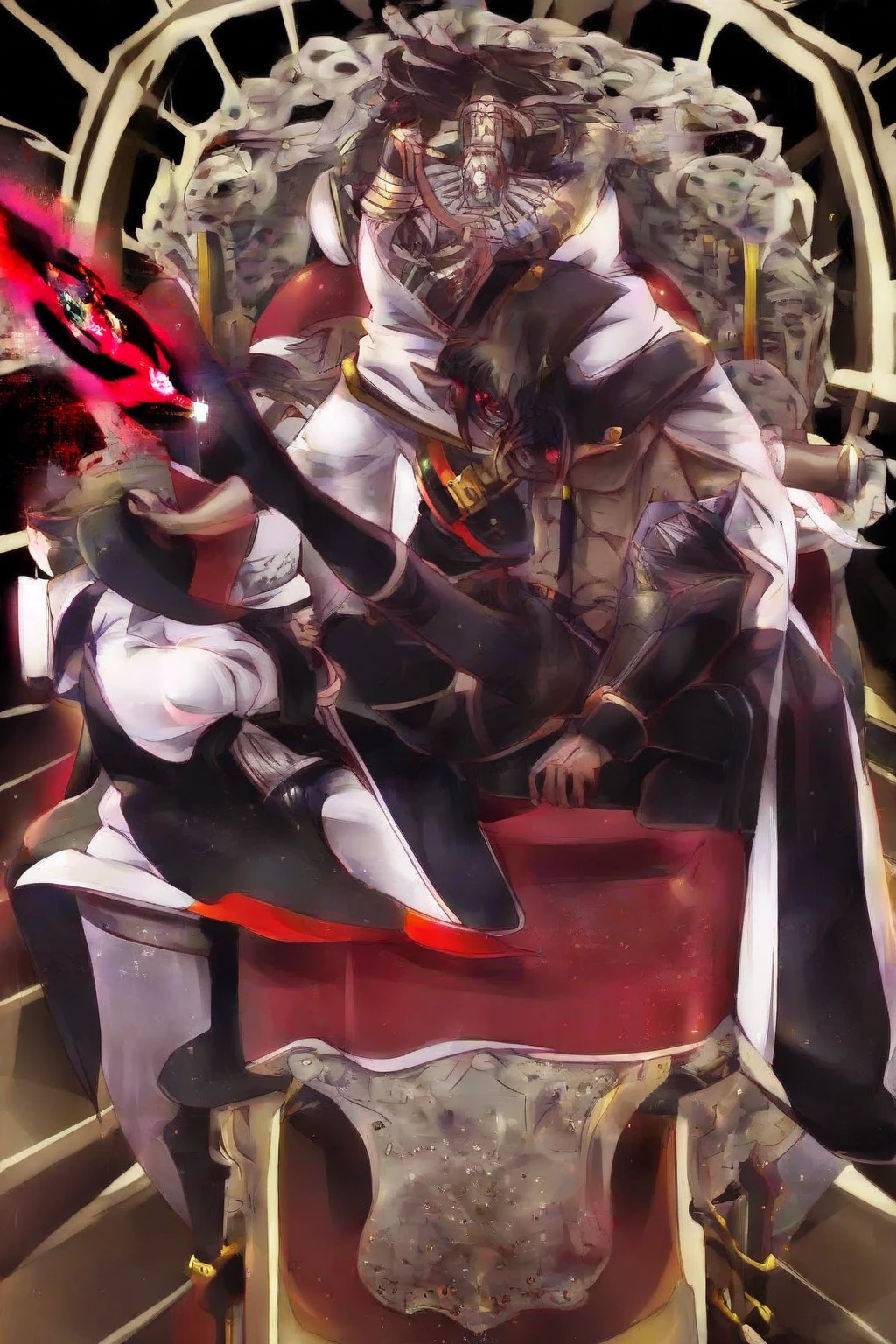 An African American teenage boy with dreads similar to those of artist Kai cenat in a black,white and red royal clothes sitting on a throne with red glowing laser eyes