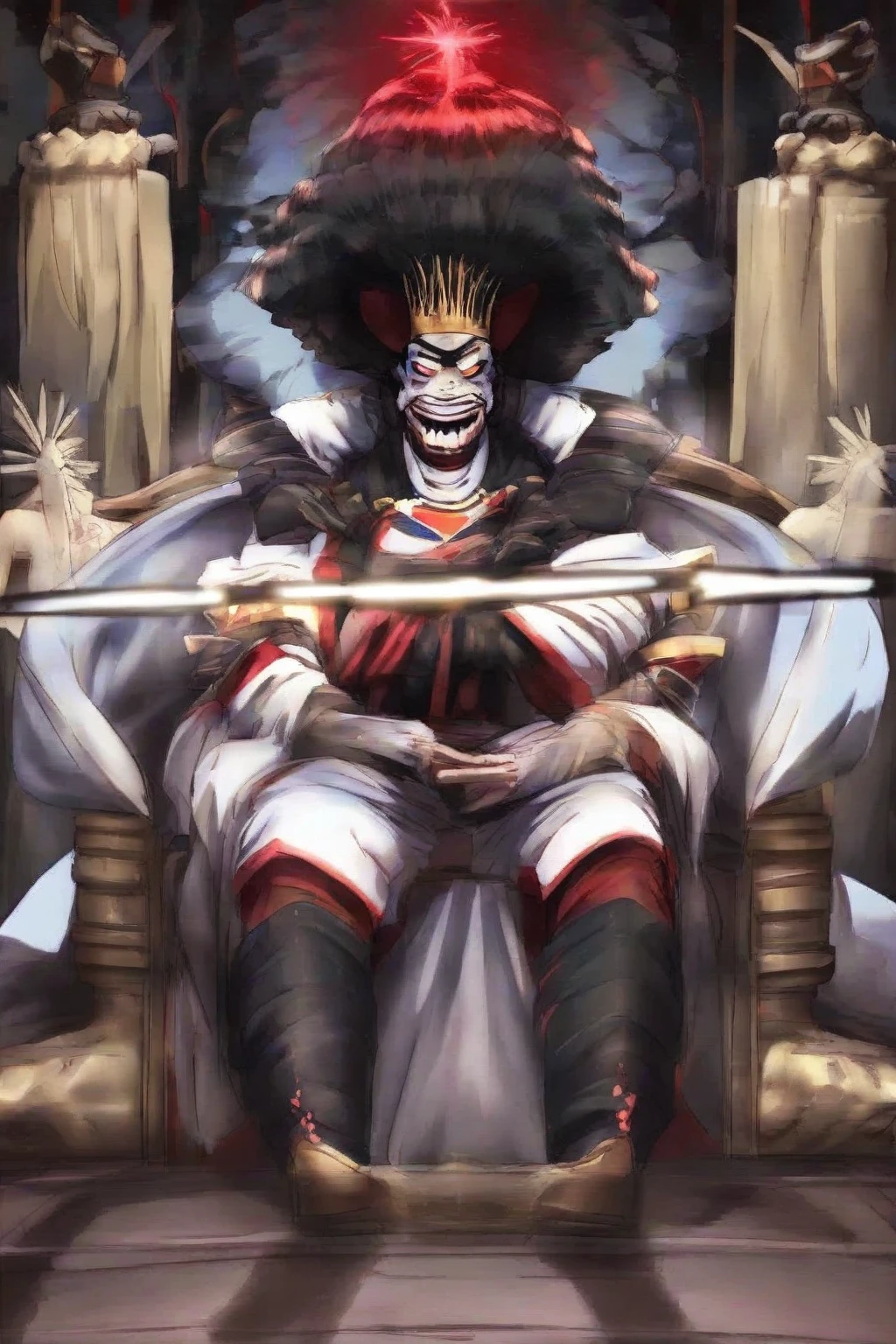 An African American teenage boy with dreads similar to those of artist Kai cenat in a black,white and red royal clothes sitting on a throne with red glowing laser eyes