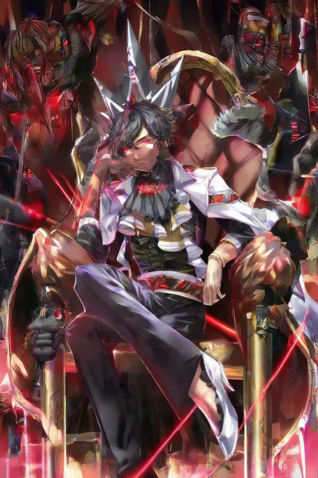 An African American teenage boy with dreads similar to those of artist Kai cenat in a black,white and red royal clothes sitting on a throne with red glowing laser eyes