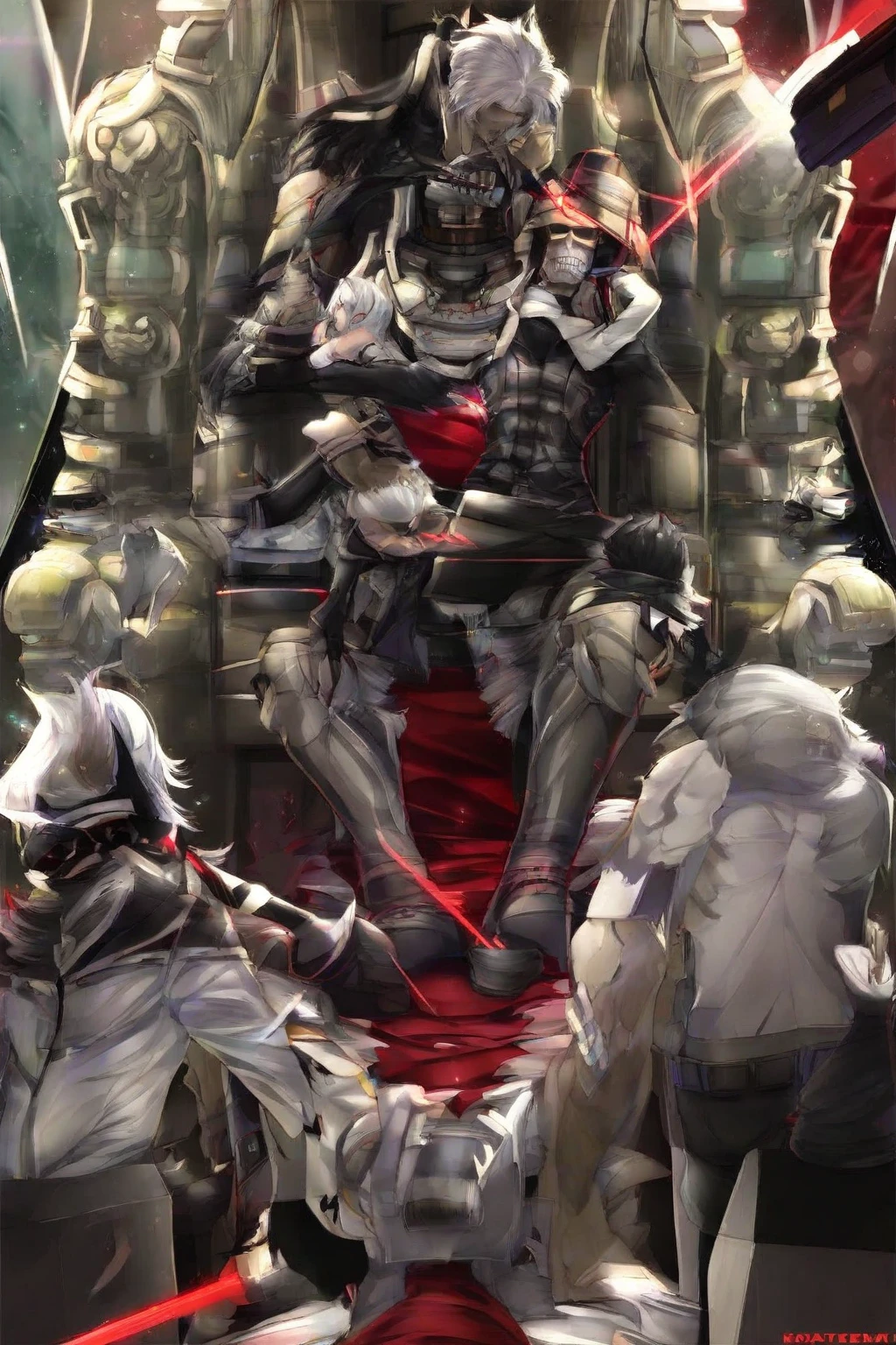 An African American teenage boy with dreads similar to those of artist Kai cenat in a black,white and red royal clothes sitting on a throne with red glowing laser eyes