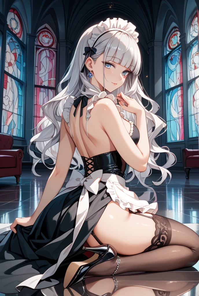 An illustration,masterpiece,girl,Bob Hair,Brown Hair,beautifuleye,Cleavage,Small breasts,(Sexy face),Cabaret Club,(VIP Room),hostess,Red backless dress,(Show me your back),(look back),Bare shoulders,((whole body:1.3)),((Black high heels:1.1)),茶色のeye,(small sparkly earrings),Close your mouth,{Depth of written border},(Particles of light:1.1).Photorealisticです、It is high resolution.、Gentle Light、1 Female、soloで、Hip Up、Glowing Skin、(A detailed face)、Hair with white waves、見る者を誘うeye、恋人eye線、inviting expression、Sexy smile、Perfection & Style、Perfect balance、Detailed skin、Naughty conflicts、I can see your chest、showing her：1.2、showing her：1.2、Horizontal feet、（At 32K、Live Shooting、Highest quality、workmanship：1.2)、(Spreading her legs wide、Spread your legs wide)、(Long twin tails)、Viewers are watching、前からeye線、Bullish、Erotic、Light blue bra、White skin、knees、(Beige pantyhose)、Absurd、Small Face、Bangs from center to center、The forehead is visible、(Embarrassed、skinny、)、workmanship、Highest quality、Ultra-high resolution、beautiful、beautiful、There is only one person、solo、Full Body、cute、Japanese women、Are standing、 （Photorealistic：1.37）、Photon interpretation、Realism、Young face、ブラウンeye、Black socks、(Red bow tie)、Radio City、Physical-based manners are cute、Maebo、Depth of written boundary、Body、Beautiful feet、Beautiful long legs、Slim legs、Tie your hair in one strand on your chest、(I can see the bangs)、lips、Blue_eye、Nose Soft、 (Shui Color)Shirt)、(Navy, blue and white checkered pleated skirt)