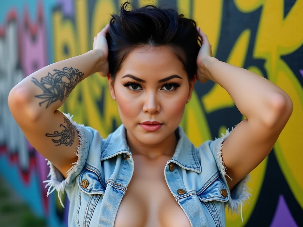 cindy prado 35 ans en couleur TATOUAGE TRIBAL, vue entier, tout le corps