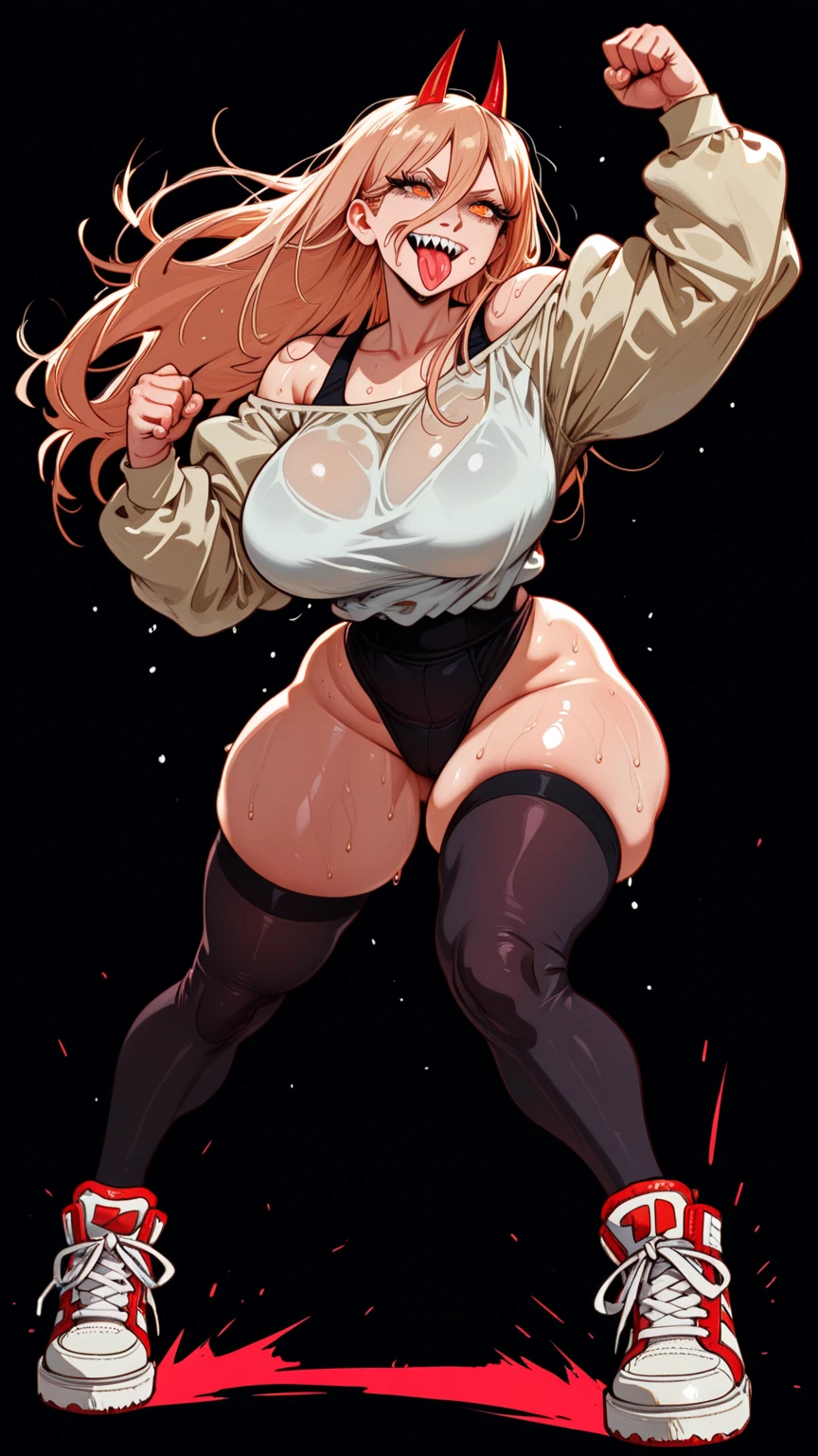 two women、sensual、((red wavy hair))、thick thighs、8K、4k、highest quality、(High resolution:1.6)、cute anime face、noise reduction、((shining yellow eyes、high detail eyes、Sweat、blush、open your mouth))、(((SFW huge body:1.3)))、(logic:1.3)、(She has Excessive pubic hair:1.5)、(thong leotard:1.5)、ass,from behind
