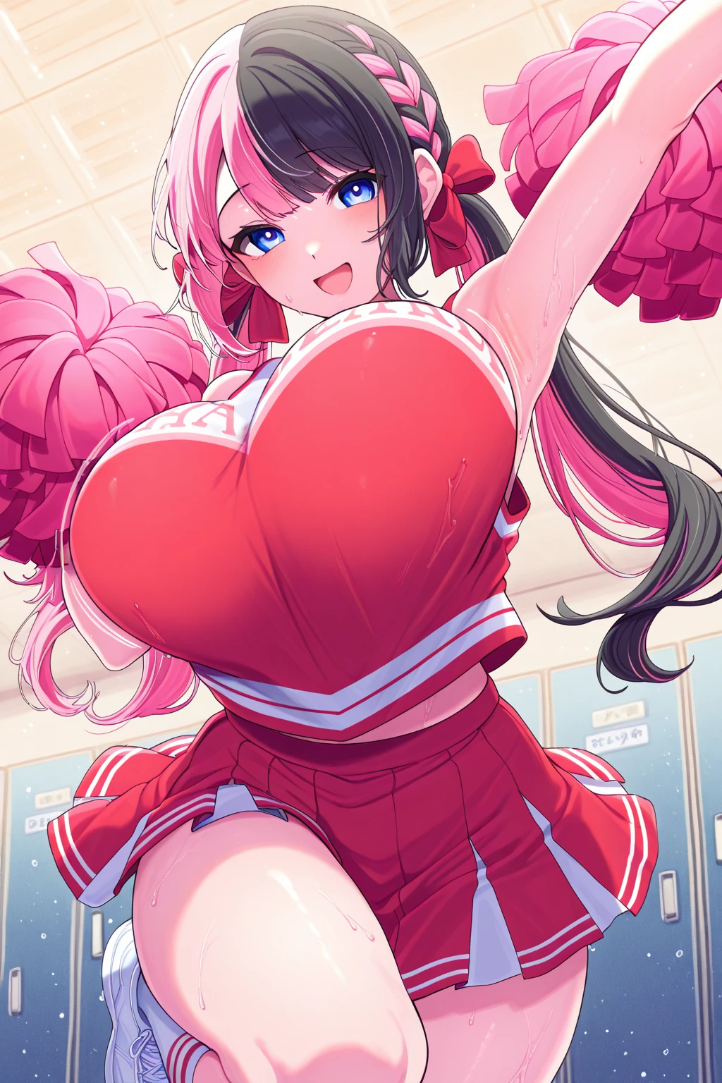 1woman having sex,hyperrealistic,mature woman,standing doggystyle,rolling up eyes,flying heart-shapes,shaking effect,black hair,open mouth,saliva,shouting bubbles,plump body,gigantic buttocks,buttocks grab,cheerleading costume,at vulgar nightclub,