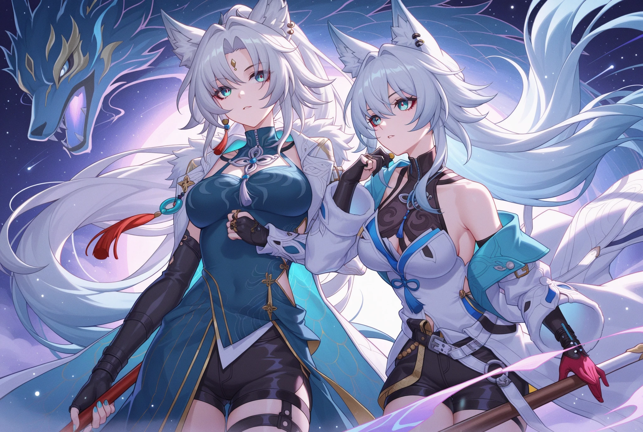 Lyra has silver hair that cascades down to her waist, with piercing amber eyes that seem to glow in the dark. Her skin is fair, and she has a lithe, athletic build. In her werebeast form, she has sleek silver fur, sharp claws, and stands slightly taller, with a more muscular frame. Her ears and tail remain in her human form, betraying her wolfish nature.