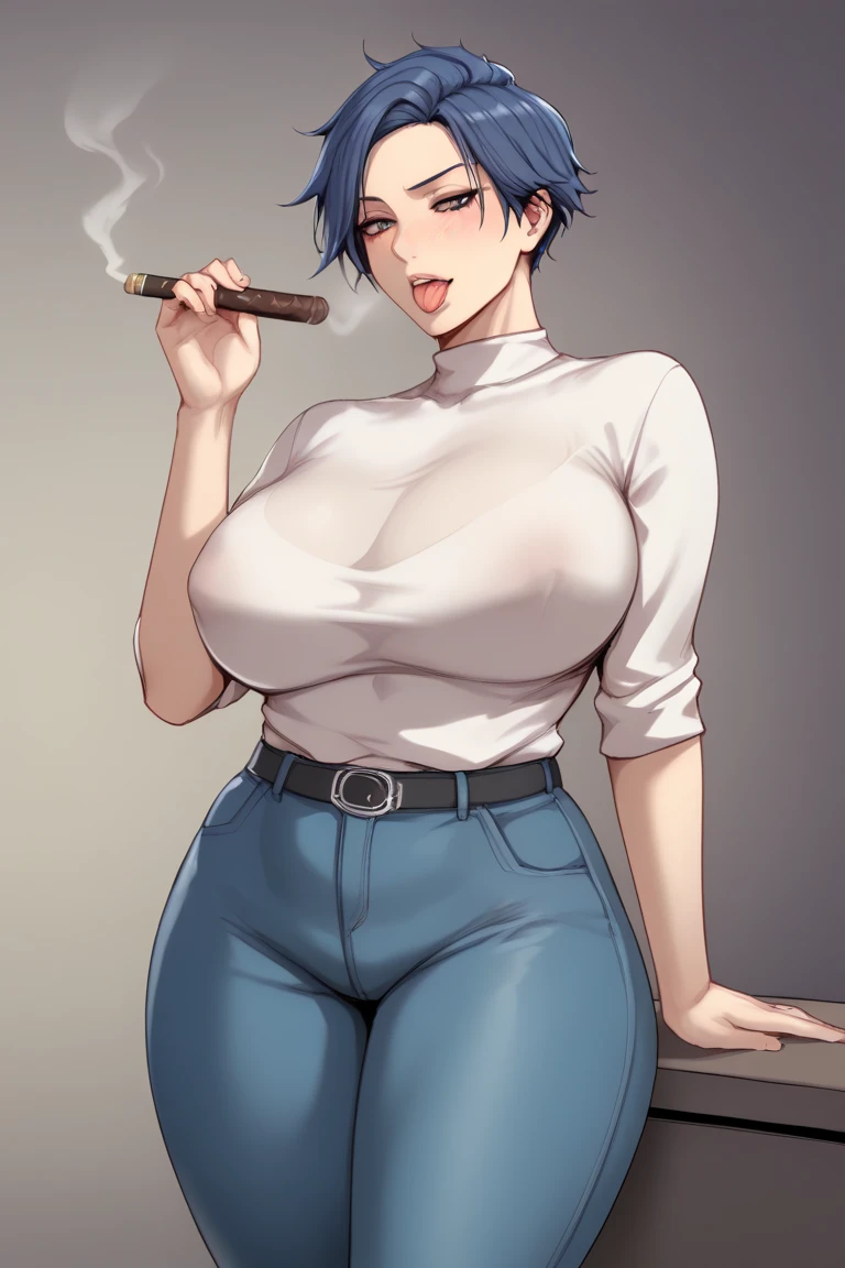 A beautiful woman, big breast, fat, dark blue hair, mini Bob, her light orange eyes, she wears a black vest with buttons, she wears a gray jacket, she shows her navel and tight metallic black pants, huge thighs and sexy butt, and you put her head on her breasts, drinking chichi, youngest son, blue hair and white shirt and jeans and red tennis shoes