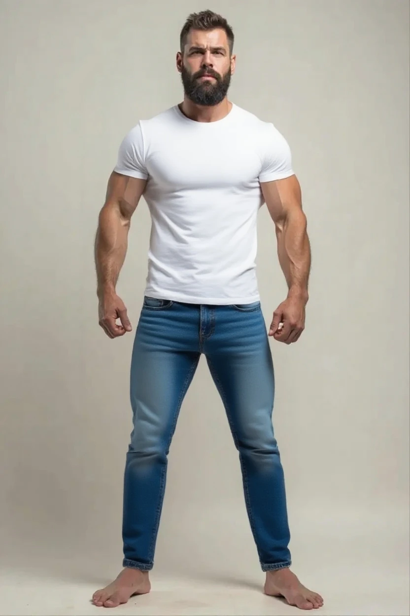 Beautiful man 30 years old, full body, muscular body, barba rala, mas seu rosto esta iluminado pela fogueira. ((Beige Jeans))