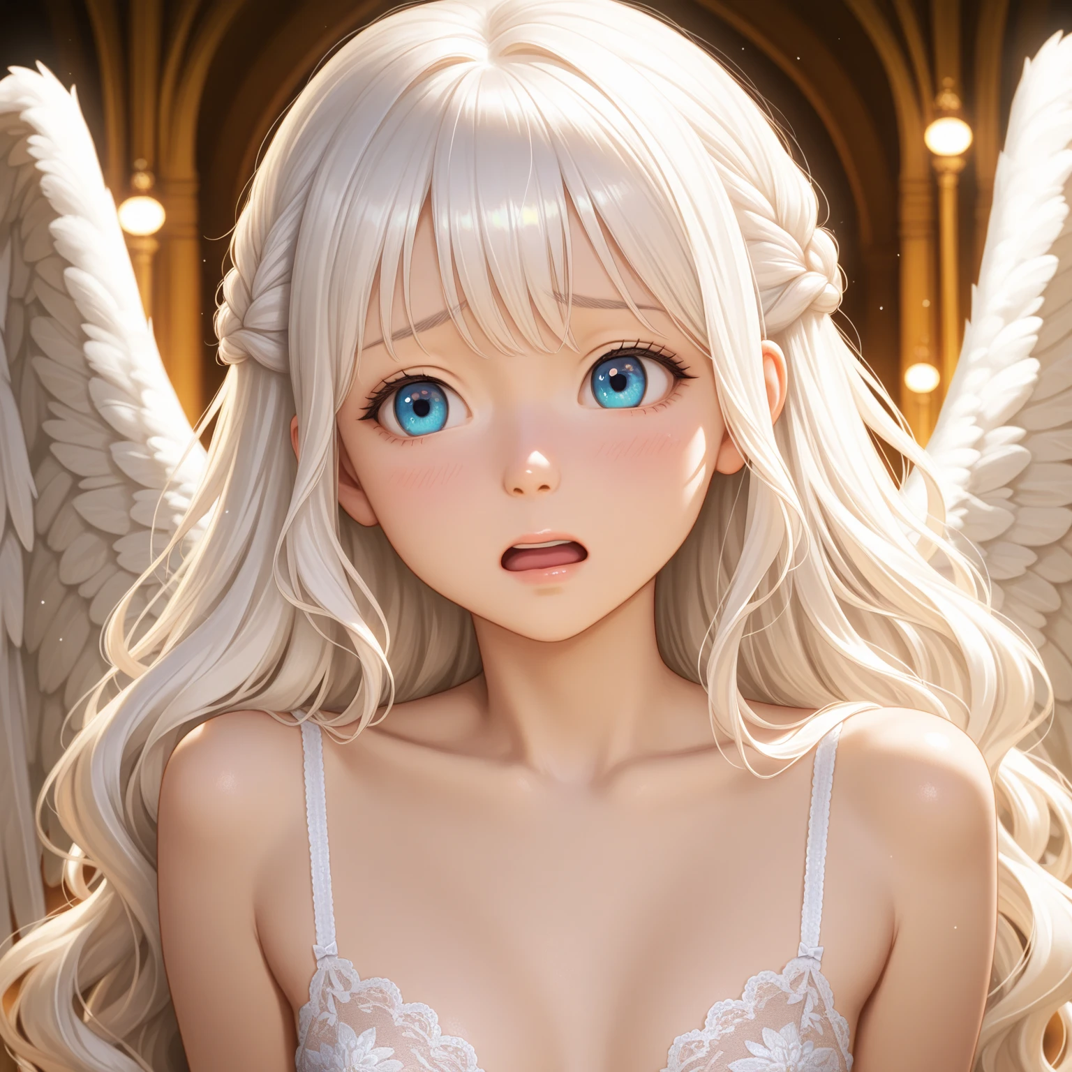 model shoot style, (upper body, portrait:1.5, high-quality digital anime illustration:1.2) of an ((angel young girl:1.4, small breasts:1.4)), (1girl:1.5), (white hair:1.2, white dress, big wings:1.2, halo), (angelic girl, the sky in the background), (hyper-realistic lifelike texture, realistic eyes:1.2), (innocent face, perfect face), (best quality, masterpiece, hyper-realistic lights, hyper-realistic shadows, hyper-realistic reflections, Madly detailed CG unity 8k wallpaper:1.3), 
(octane render, unreal engine 5), (illustration by lee jeffries, Greg Rutkowski and Magali Villanueva, contest winner:1.3)