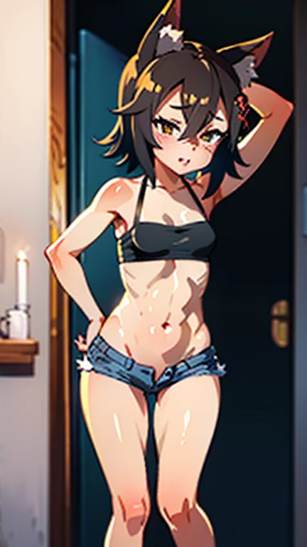 2D，highest quality，(masterpiece)，(full body)，amber hair，short hair outside，1 girl，，young，small ears，healthy dark skin，((黒のdenim hot pants))，Tank top，barefoot，barefoot，attractive thighs，butt，(red ribbon on head )，share，Bedroom，Get drunk，Sweat，upper grade，cheeks are bright red，(kneeling pose)， (wave hands)，Cute with bruises，erotic，i feel it，denim hot pants，night，breathing heavily，female brat，An evil ??? like a little devil，背徳感を背負うようなfemale brat