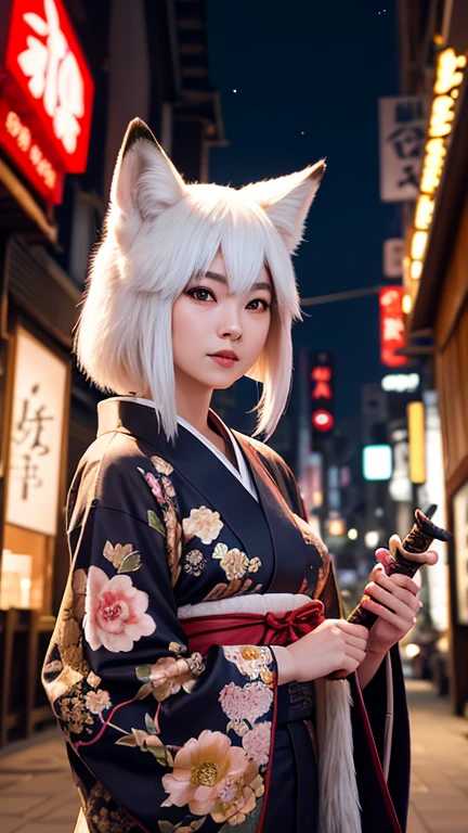 fox girl,3tail,fox ear on head,white hair,oiran,kimono,big breasts,night street,have one's shoulders exposed,blush,