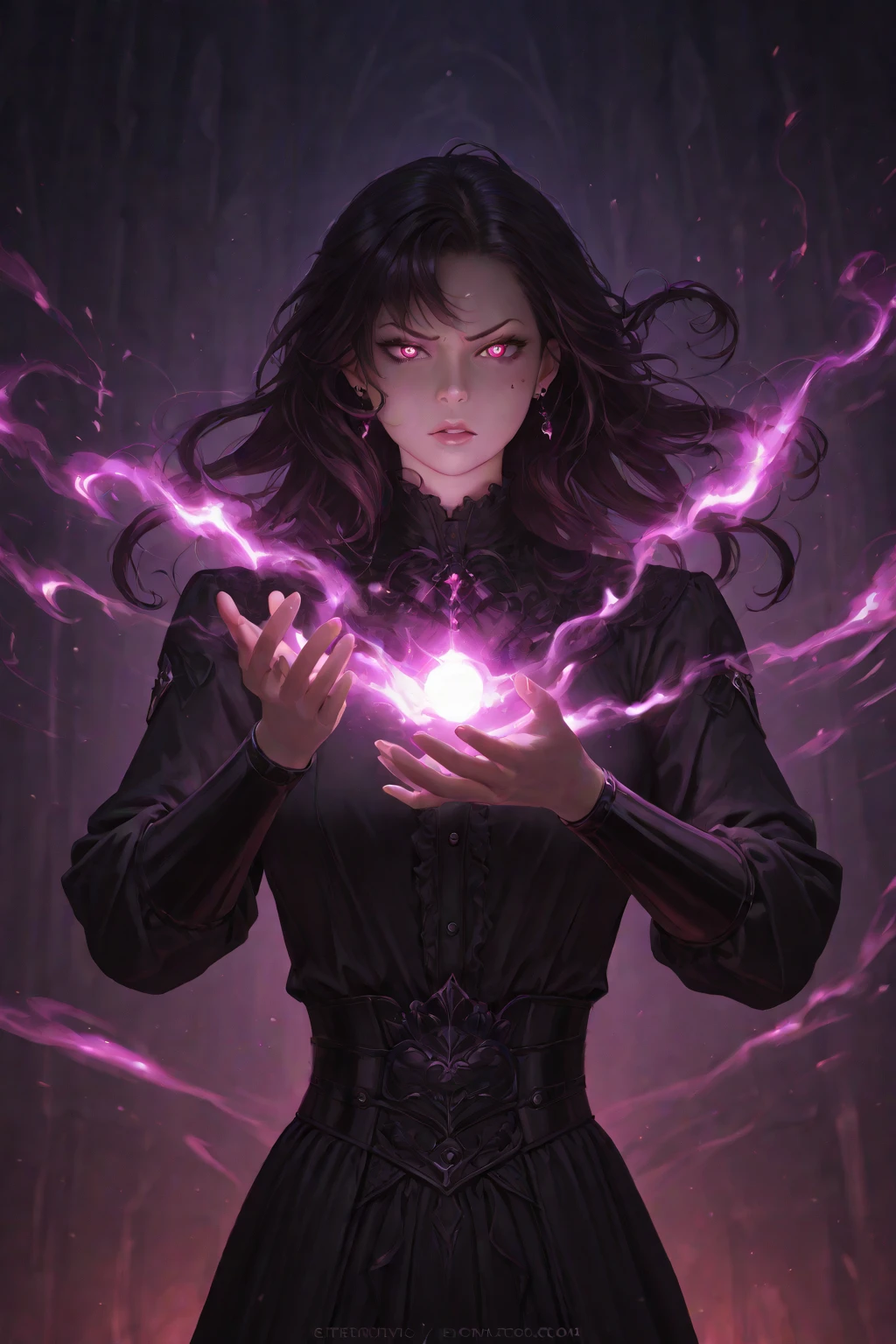realistic, cinematic light, horror, highest quality, ultra-detailed, best quality, masterpiece, (detailed face) solo, glowing eyes, purple energy, Dark purple aura