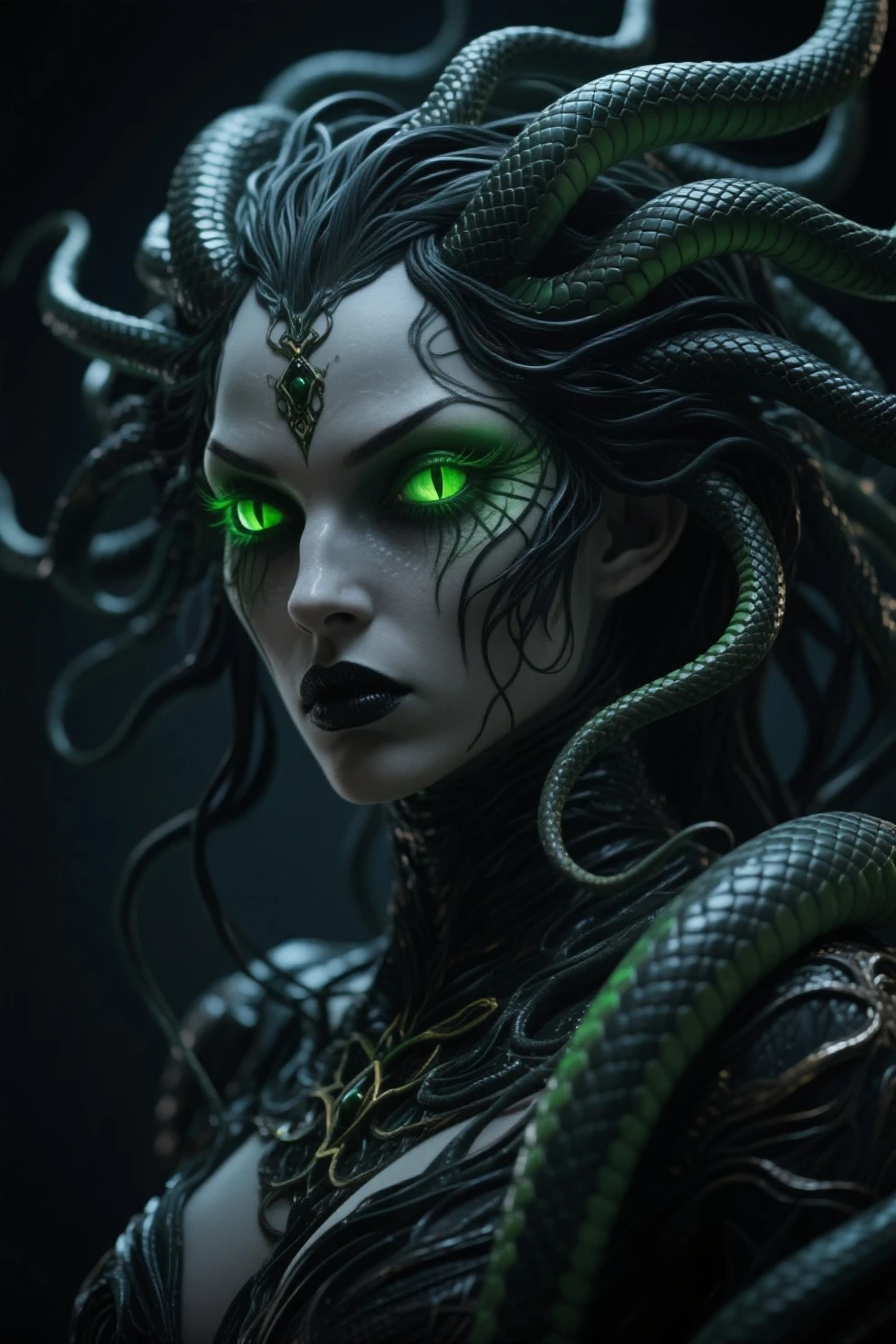 ((best quality)), ((masterpiece)), ((realistic)), Medusa, full body, the hair is composed of countless small snakes, green eyes, female face, metal carved top, royal aura, trend on artstation , sharp focus, studio photo, intricate detail, very detailed, detailed eye, illustration, very detailed, sharp focus, digital render, professional, 4k