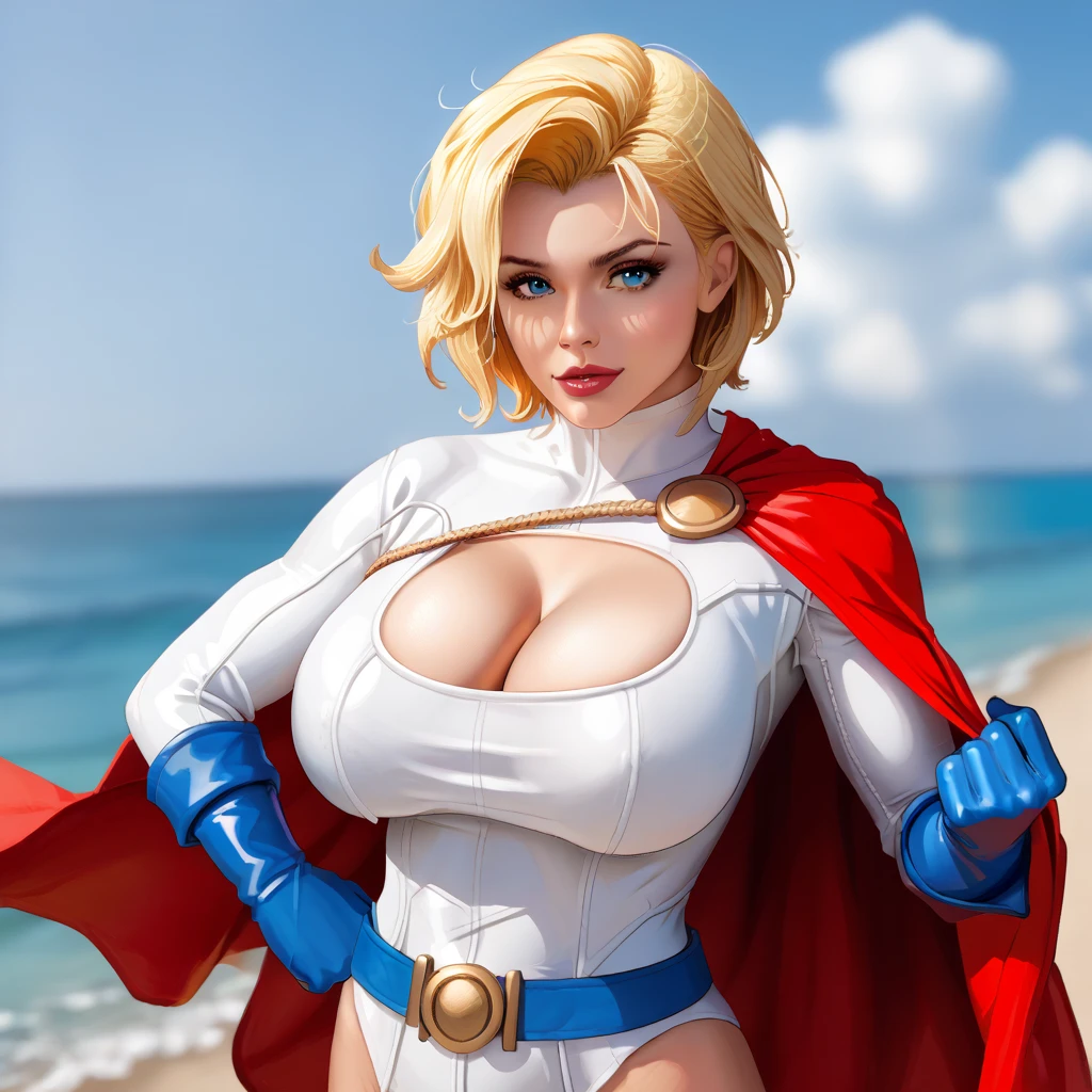 NSFW. kara, short blonde hair, blue eyes, ((nude)), large breasts, shoulder cape, standing, upper body, solo, morning, deserted beach with cliffs, cloudy sky, serious, (insanely detailed, beautiful detailed face, masterpiece, best quality)