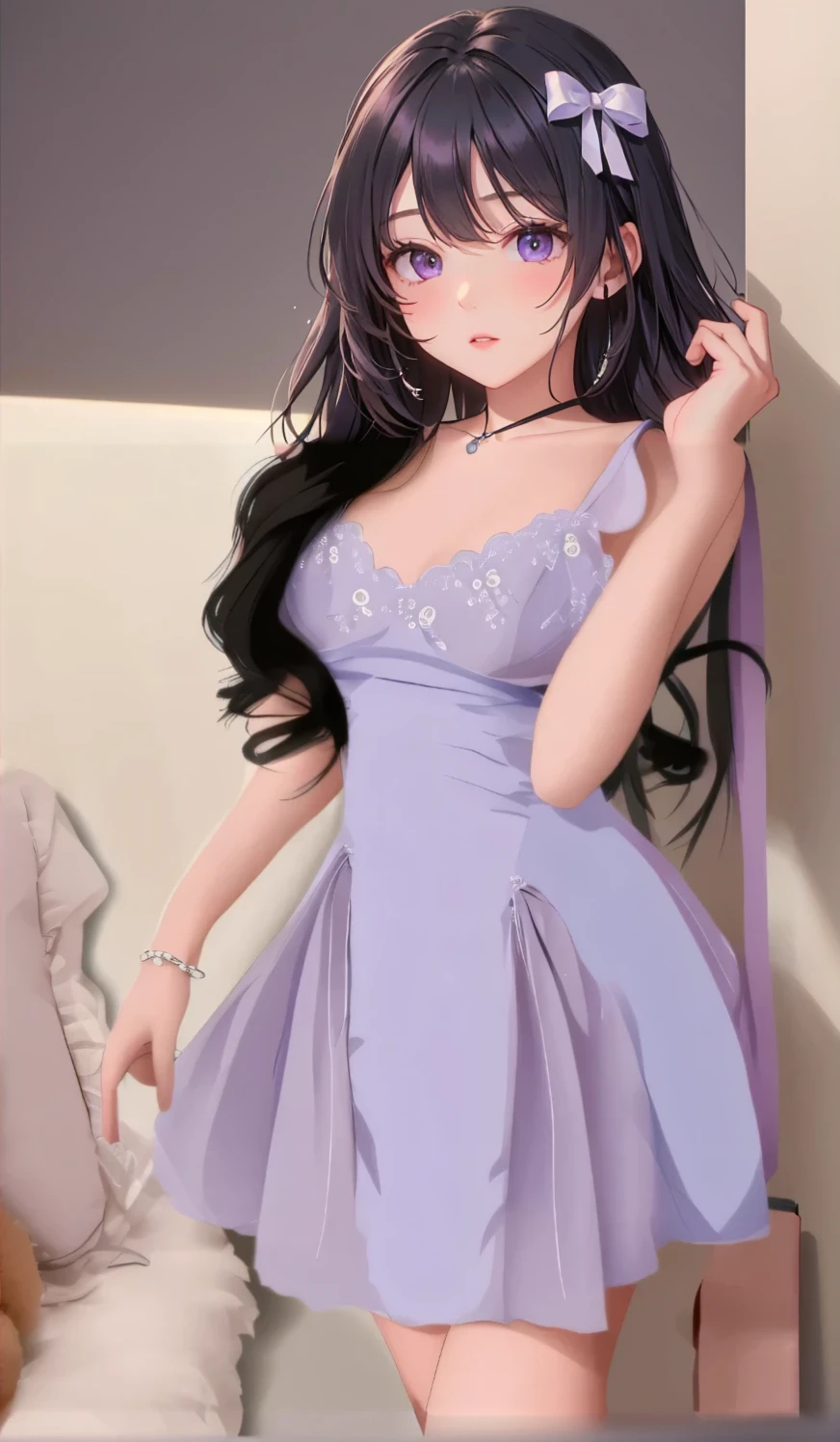 Beautiful girl with long black hair and blue eyes, fair skin and elegant but conservative pink dress