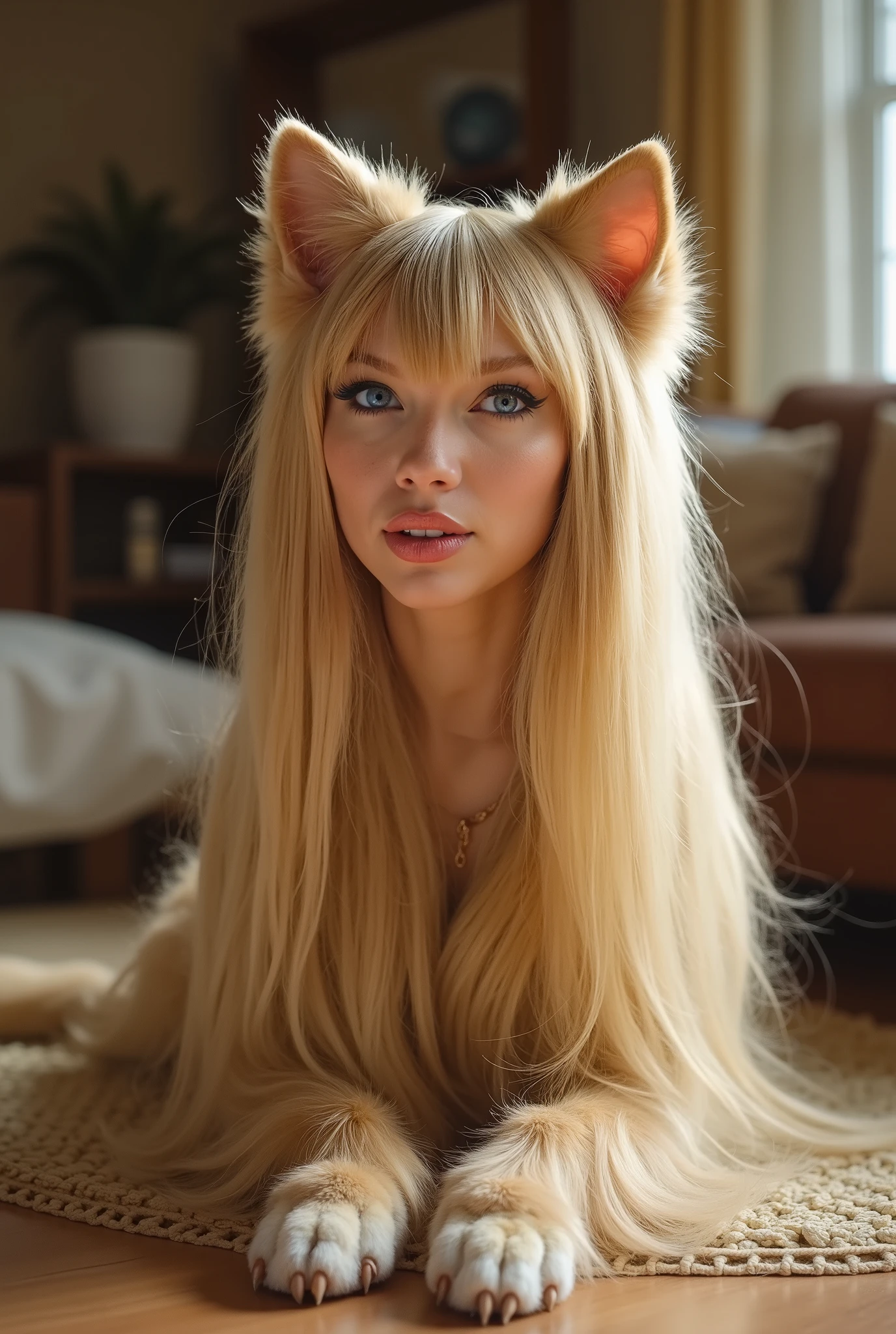 surrealist, fantastic-style, (woman dog hybrid), A beautiful woman, Nicki minaj, transforming into a dog, (dog ears:1.1), (dog tail:1.3), (four legged:1.2), (quadrupedal:1.4), (quadruped:1.4), (paws:1.4), (human face:1.5), (straight blonde hair:1.2), blue eyes, natural beauty, (woman face:1.6), cute, Beautiful lighting, 2d art. (In a living-room), she has a happy expression, (woman happy face:1.6), happy face