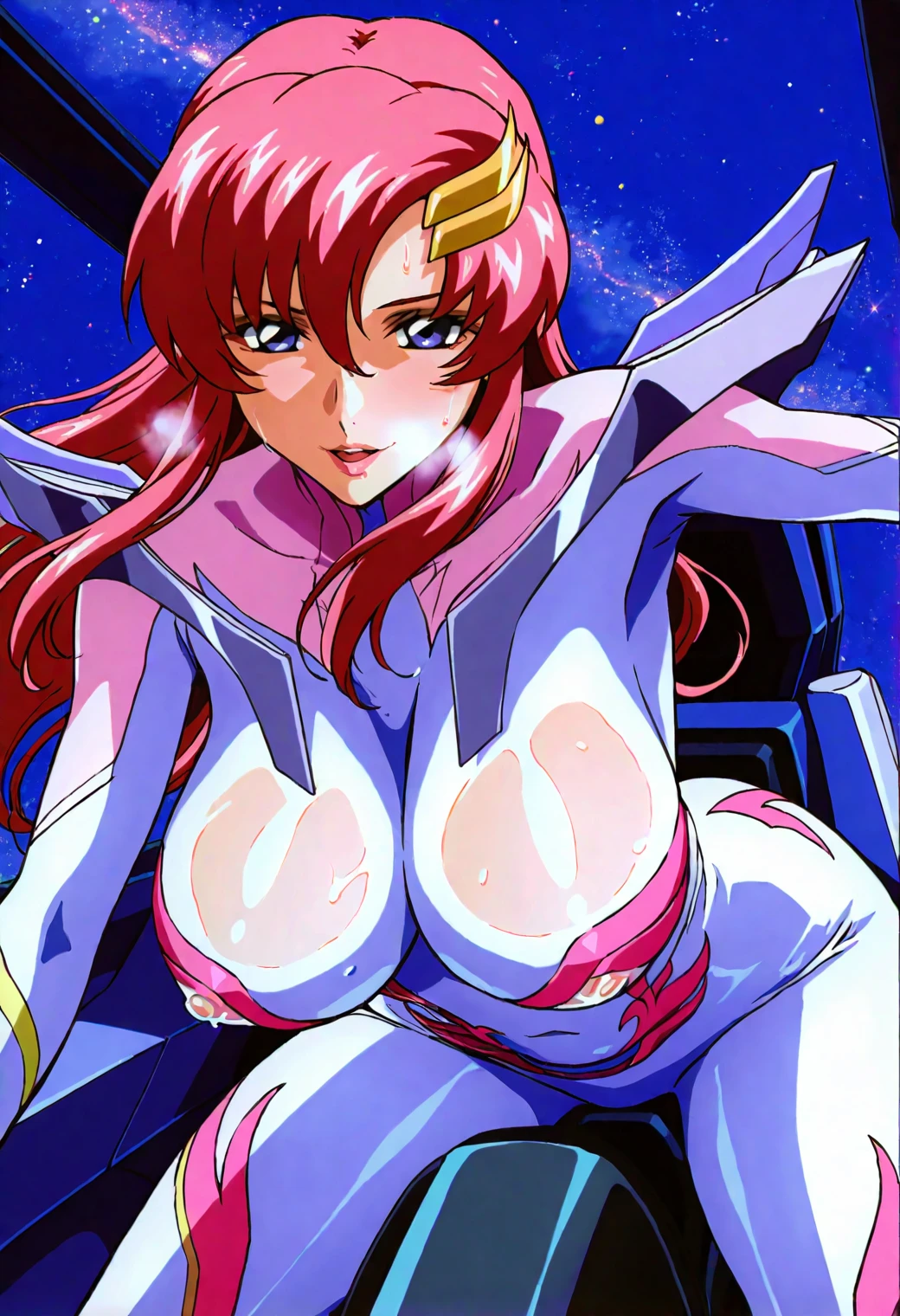 Highest quality, Very detailed, High resolution, 1990s_(style), retro artstyle, 1990s anime cels style,Satoshi Urushihara style art, Vibrant colors, Flat Color, One woman, (Huge breasts), blue eyes, Big eyes, Red nose, Realistic pussy、Well defined nipples、((Nipples are visible:1.3))、Squat、Open Leg,Detailed nipples、Realistic nipples,Thick pubic hair、((tears:1.1))