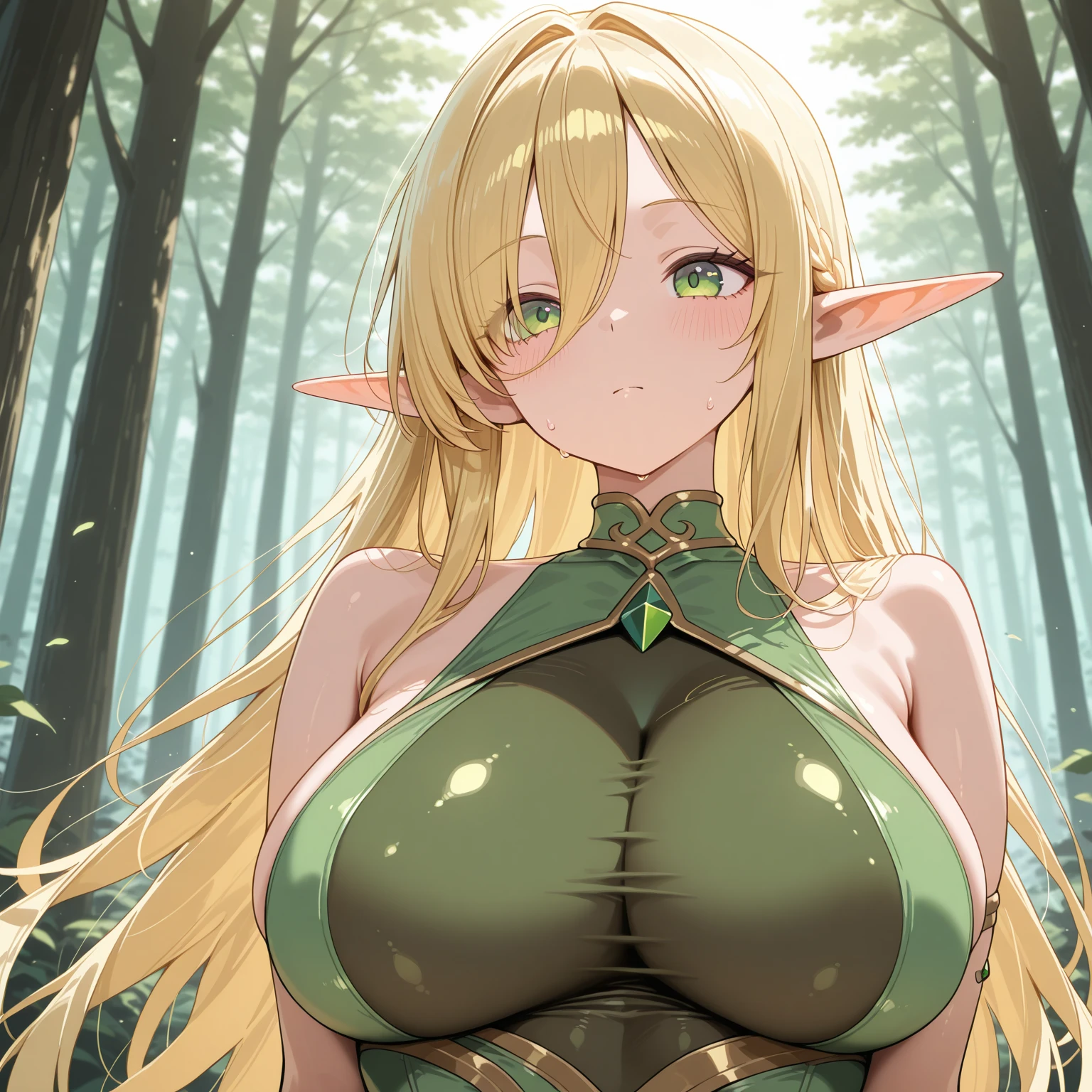 best quality, high quality, an (elf:1.1) in a forest wearing a fantasy dress in a forest, 1girl, solo, mature female, (naughty face:1.05) large breasts, revealing clothes, cleavage, blonde hair, smile, gentle, looking at viewer, blush, light blue eyes,