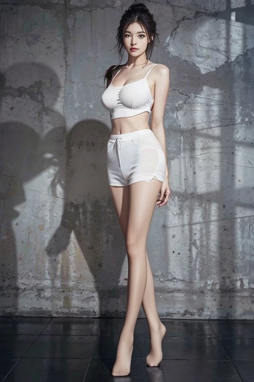 (8K、超A high resolution、The ultra -The high-definition、An ultra-high picture quality、Ultrarealistic、Best Quality、masuter piece:1.2)(quite massive chest、Large cleavage、Hide all breasts:1.3)Toned body、skinny  body(Nike White Sport Bra、White High Leg Racing Bloomers:1.28)(Brown hair、Beautiful one-sided hair:1.28)(Adult women in Japan、Realistic face、Cute little face、Large black eyes、Crisp double eyelids、small nose、large mouth、Duck mouth、thin lipss、Pinclip Gloss、Smile happily:1.13)、(White sneakers from Nike、athletic field:1.18)(Stand with your legs wide open、Show the armpits:1.2)