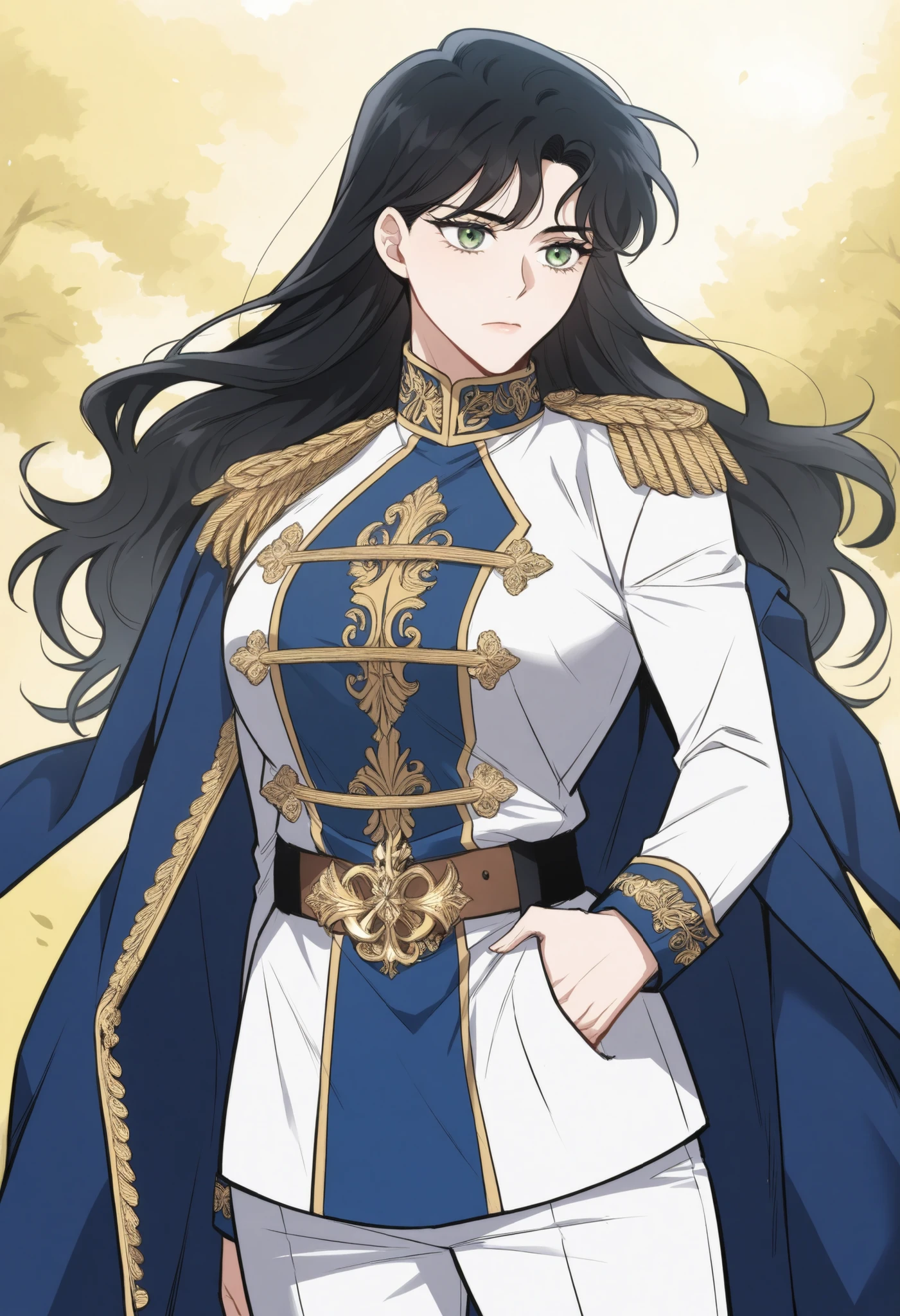 masterpiece, best quality, very detailed, , masterpiece, best quality, eyelashes, (Beautiful Eyes), cowboy shot,, Official webtoon Illustration, Official artwork,,1woman,long black hair,green shinny eyes,jacket with ornate gold decorations on the chest,cuffs,collar,featuring decorative shoulder cords.A belt at the waist securing the jacket in place. Slim, straight-cut white trousers