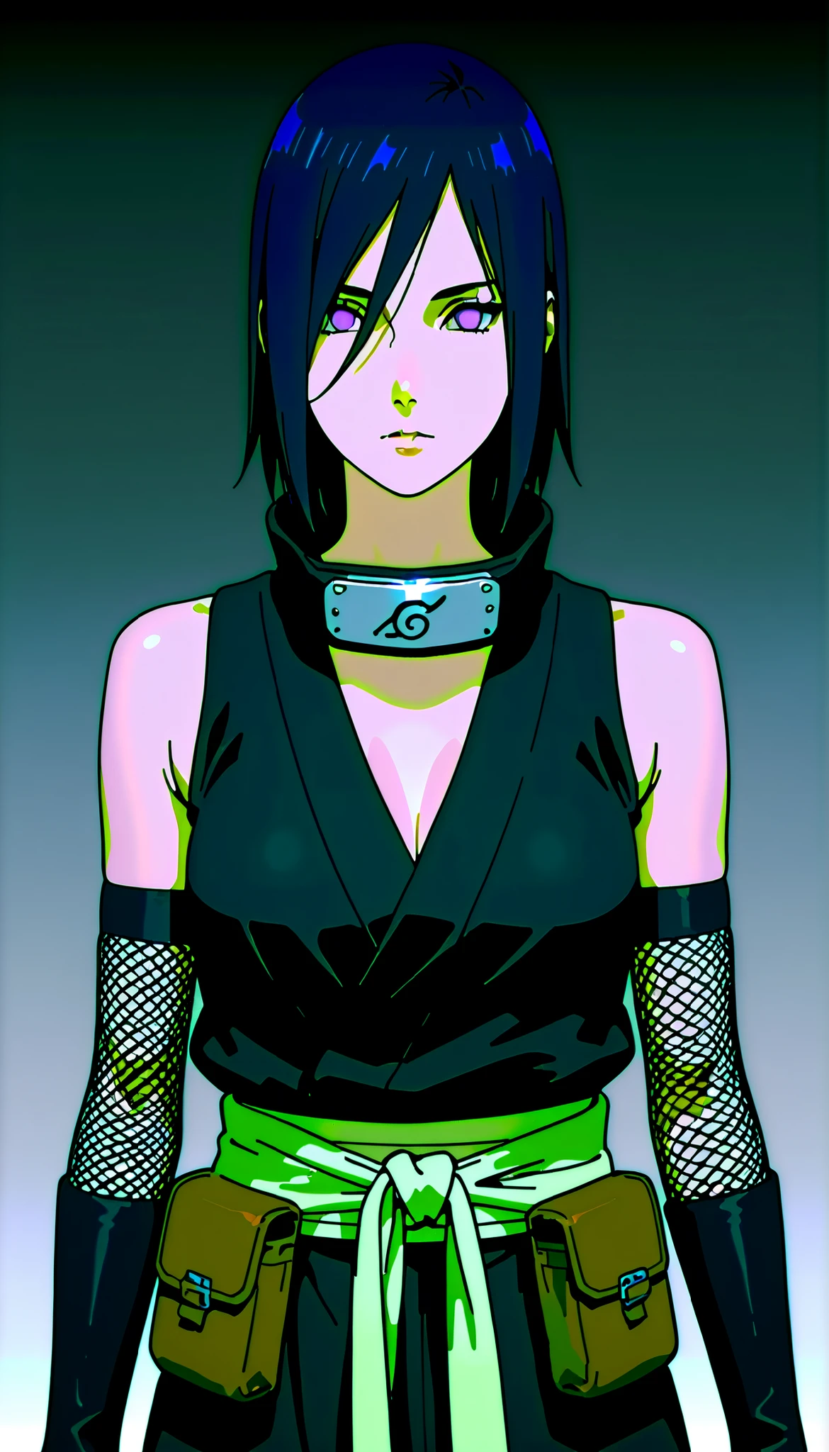(((IZUMI NASE)))) walking confidently through a war field. The art style should closely match that of Naruto or similar shounen anime, with clean linework and soft shading. ((Solo)) full-body portrait of a calm and elegant kunoichi, standing in a neutral pose. She has pale lavender eyes with no pupils (byakugan-style). Her outfit includes a sleeveless lavender high-collar zip-up vest, with a dark navy underlayer wrapping around the waist. She wears tight navy-blue cropped pants with bandage-style leg wraps and open-toe ninja sandals. Her arms are covered with black fishnet sleeves and dark navy arm cuffs. She has a ninja pouch strapped to her thigh. Her overall expression is soft and introspective. The art style should be clean line anime (like Naruto Shippuden), with soft cel-shading, detailed clothing folds, and subtle lighting. Simple white or light gradient background.