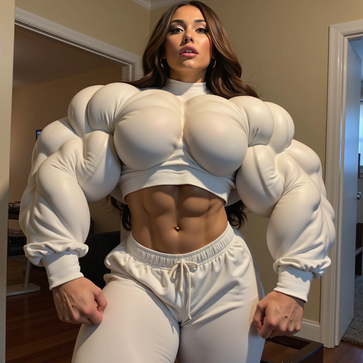 Reflective white silk bodysuit , A heavily muscled bulky muscular crossfit fugure,heavyweight physique, bulging 20 inch biceps, A heavily muscled iffb pro female bodybuilder 11 year old jamie lee curtis, feminine and muscular, exaggerated muscle physique, big muscles, massive muscles,
bulging muscles, ((A mature woman stands in front of an caffe)),((turtleneck shirts:1.3)). 40k, Photography, Masterpiece, Best quality, dark grey background, ((A plump chest)), Perfect face, perfect chest, ((chest-huge)), ((1 girl with brown eyes and gorgeous light black hair)),full soft chest and white skin, ((very soft chest). Ultra-detailed face, Detailed eyes, Embarrassed, Smile, Summer, Daytime, Half body, dated
