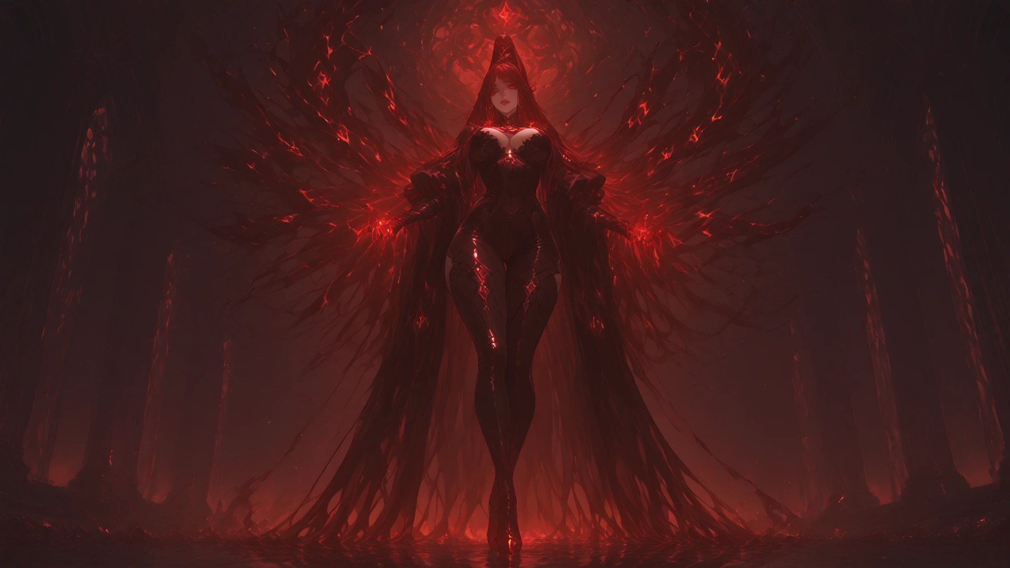 Generate images of demons with red wings. Give this image a captivating aura and powerful feather movement. Next, Add a devil dress designed to emphasize body lines, With feather details to create a dark and mysterious atmosphere. already, Pair accessories with black or dark red headpieces, Crimson Gemstone Necklace、Matching rings and earrings. Finally, Add dark makeup and red or black eyeshadow、Complete the devil's atmosphere.