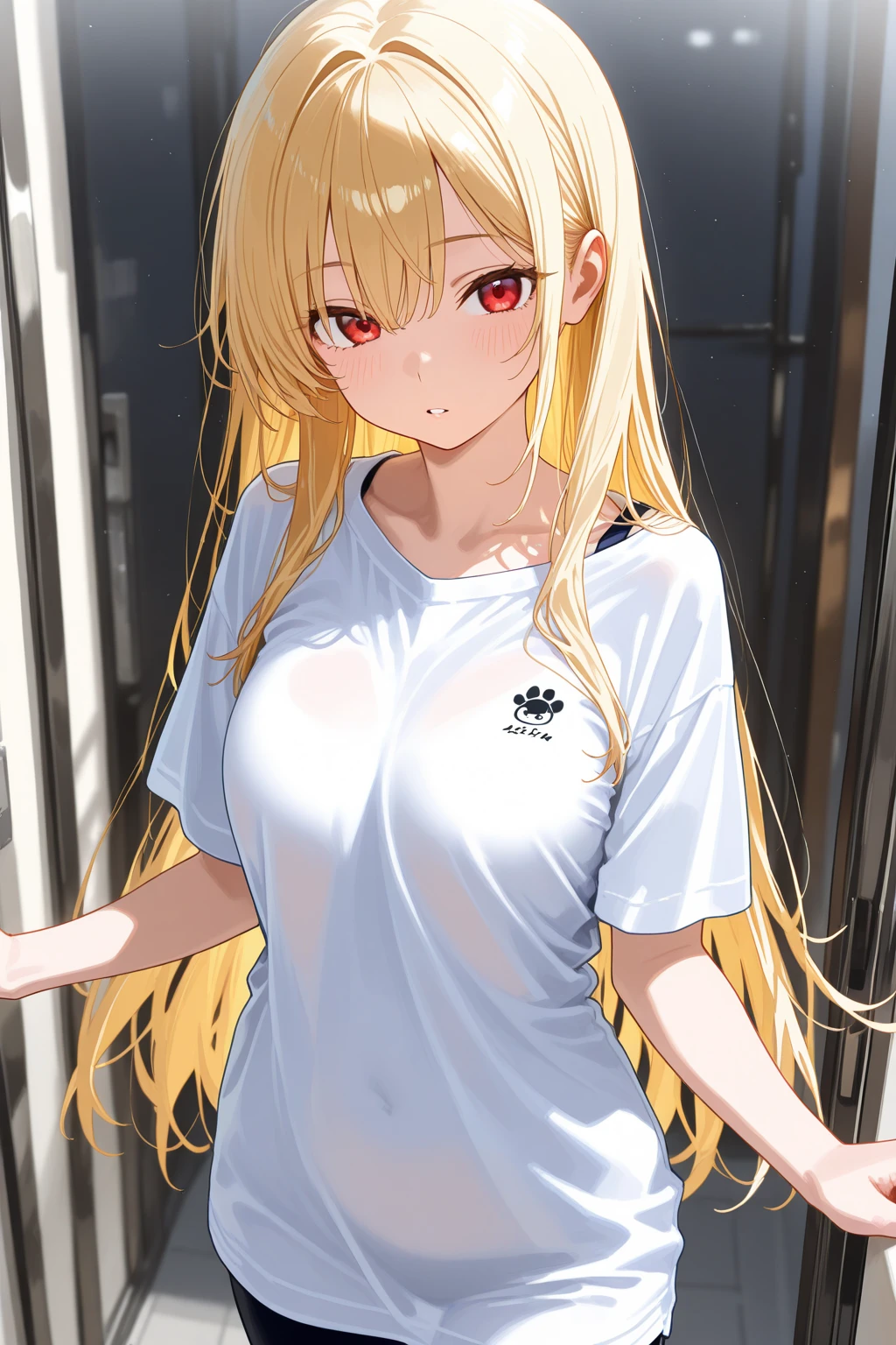 Masterpiece, best quality, very detailed, Ultra high resolution, (photorealistic:1.4), raw photos, (realistic:0.2), 1 girl, alone, long hair,,8k hdr, 1 girl,Blonde hair, medium-large breast, bright eyes, , medium-small breasts,Wearing a Manchester United shirt , McDonald's