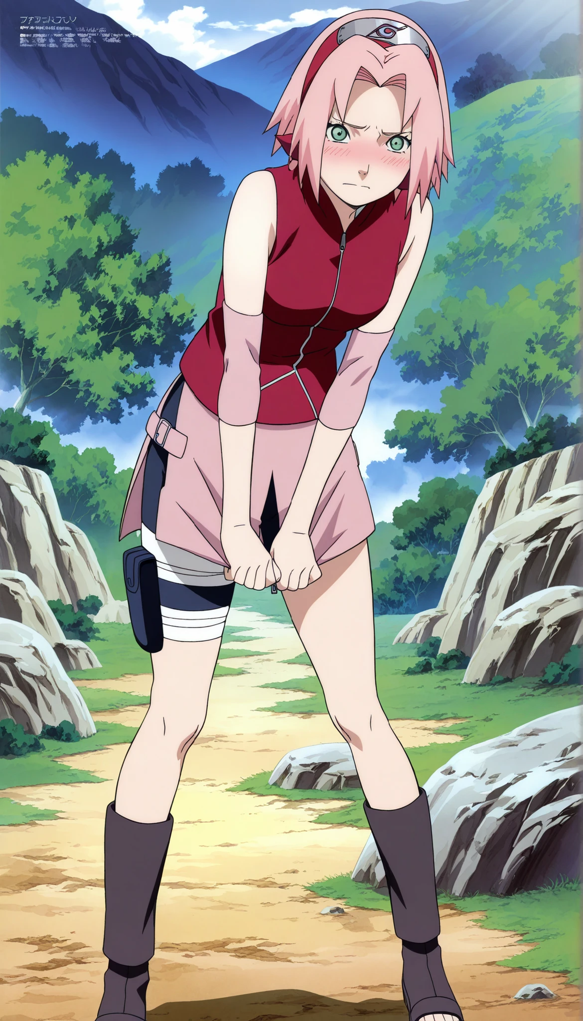 1girl,haruno sakura standing look at the viewer, BREAK pink hair, short hair, red hairband, green eyes, parted bangs, BREAK red sleeveless minidress, zipper, pink miniskirt, bandaged thigh, BREAK medium breasts, beautiful body, beautiful legs , masterpiece,best quality,amazing quality,professional quality ,very aesthetic ,newest,scenery, ultra detailed ,highly detailed ,intricate , absurdres , high resolution , 4K , 8K , unity 8k wallpaper , crisp quality , sharp focus , rich contrast , rating_explicit , official art, official style,source_anime,anime screencap,anime coloring,megami magazine,anime,animated ,1girl, standing at konoha village, straight angle, full body, blushing, shy,frown,Pose with one hand on the waist.