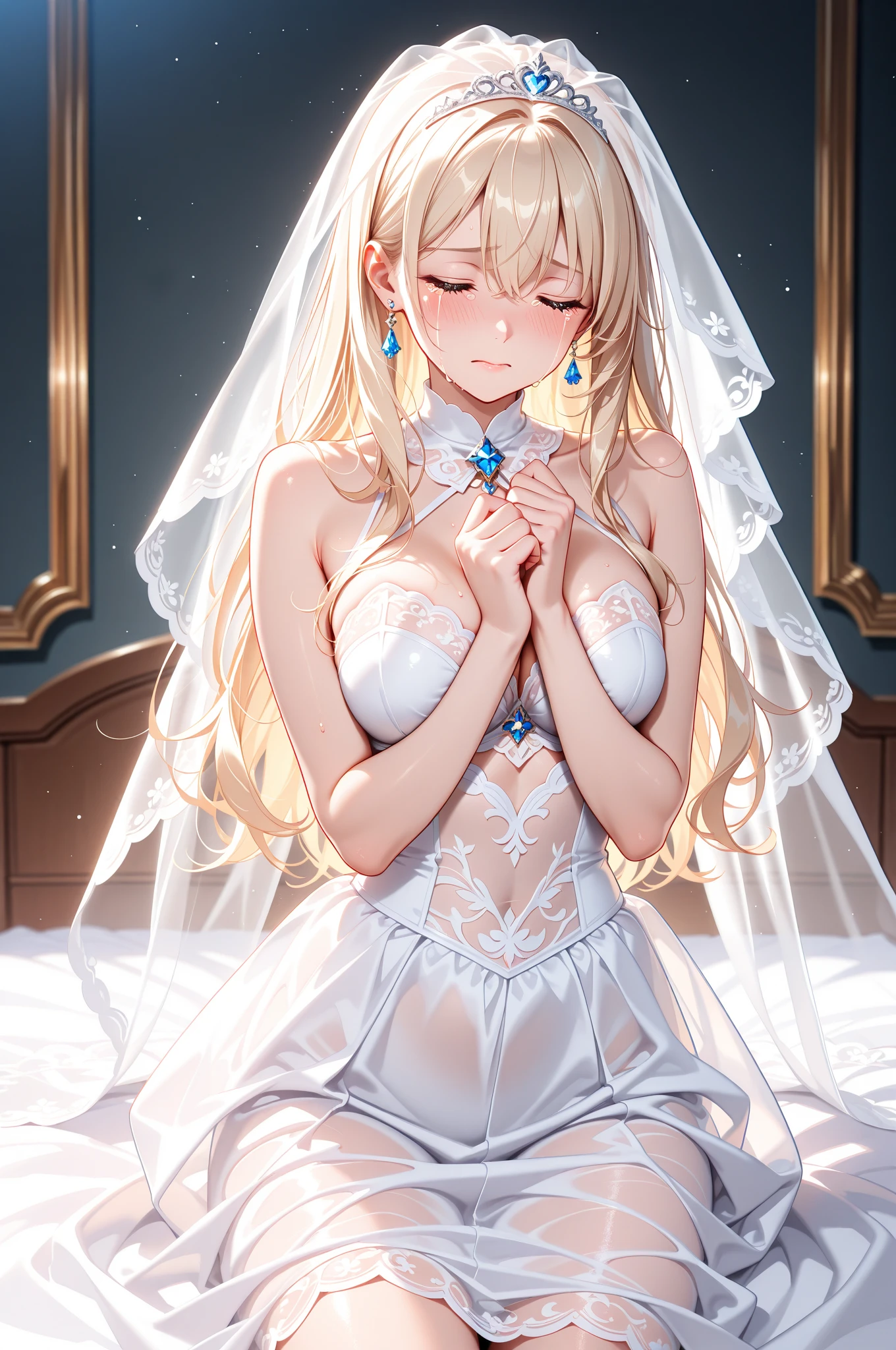 女の子1人、starry sky and big breasts、、cleavage of the breast、star eyes、pale blonde soft long hair、white lace dress with sparkling stars、Large ribbon、Big Star、Star brooch、collect stars、lace cape、Lace veil、Navel Ejection、Stargirl、star princess、A smile、I'm not wearing underwear、cuddling、I'm kissing